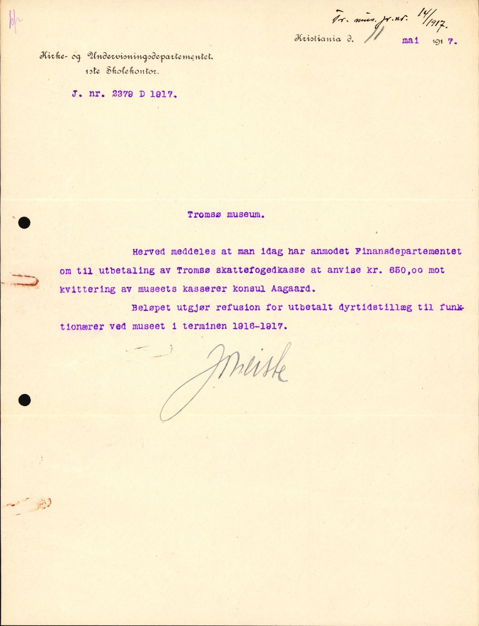 Tromsø Museum, AV/SATØ-S-0162/D/Da/L0030: Journalsaker og innkomne brev, 1906-1920, p. 397