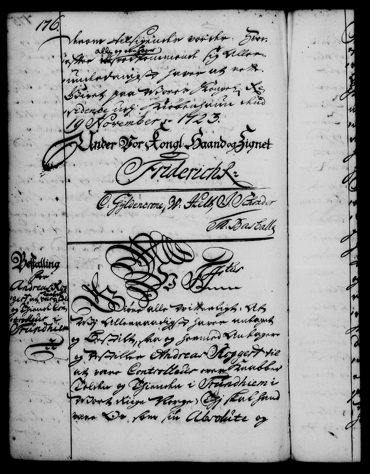 Rentekammeret, Kammerkanselliet, RA/EA-3111/G/Gg/Gge/L0001: Norsk bestallingsprotokoll med register (merket RK 53.25), 1720-1730, p. 176