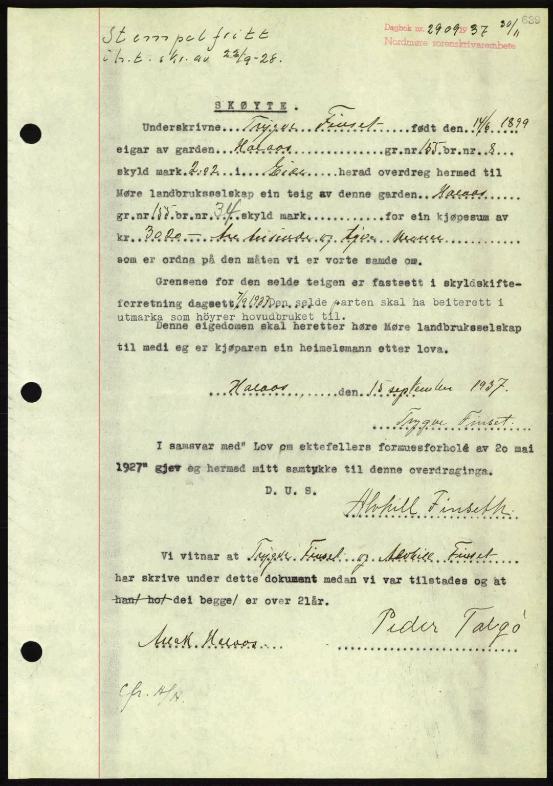 Nordmøre sorenskriveri, SAT/A-4132/1/2/2Ca: Mortgage book no. A82, 1937-1938, Diary no: : 2909/1937