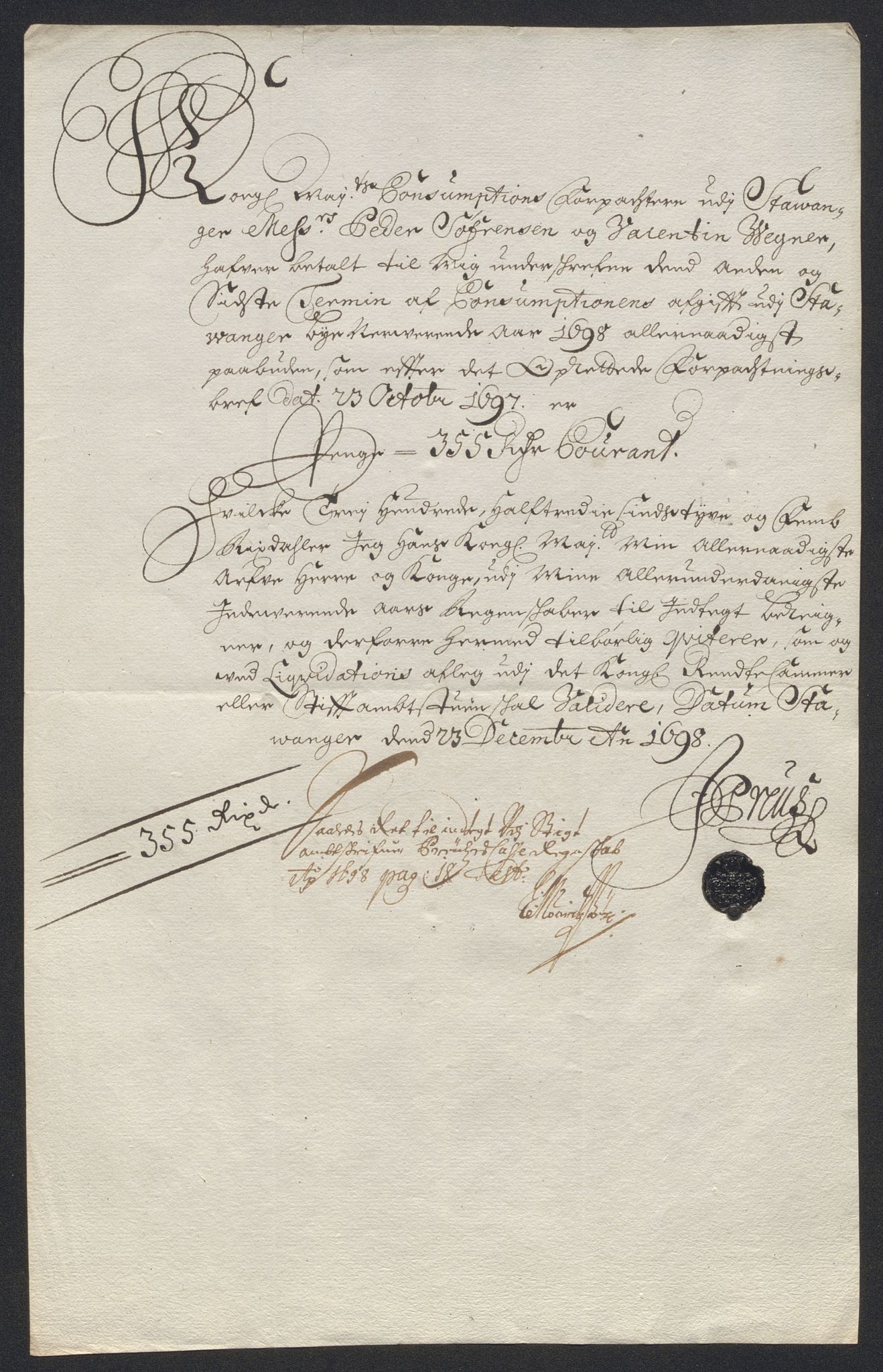 Rentekammeret inntil 1814, Reviderte regnskaper, Byregnskaper, AV/RA-EA-4066/R/Ro/L0333: [O25] Konsumpsjonsregnskap, 1690-1704, p. 137