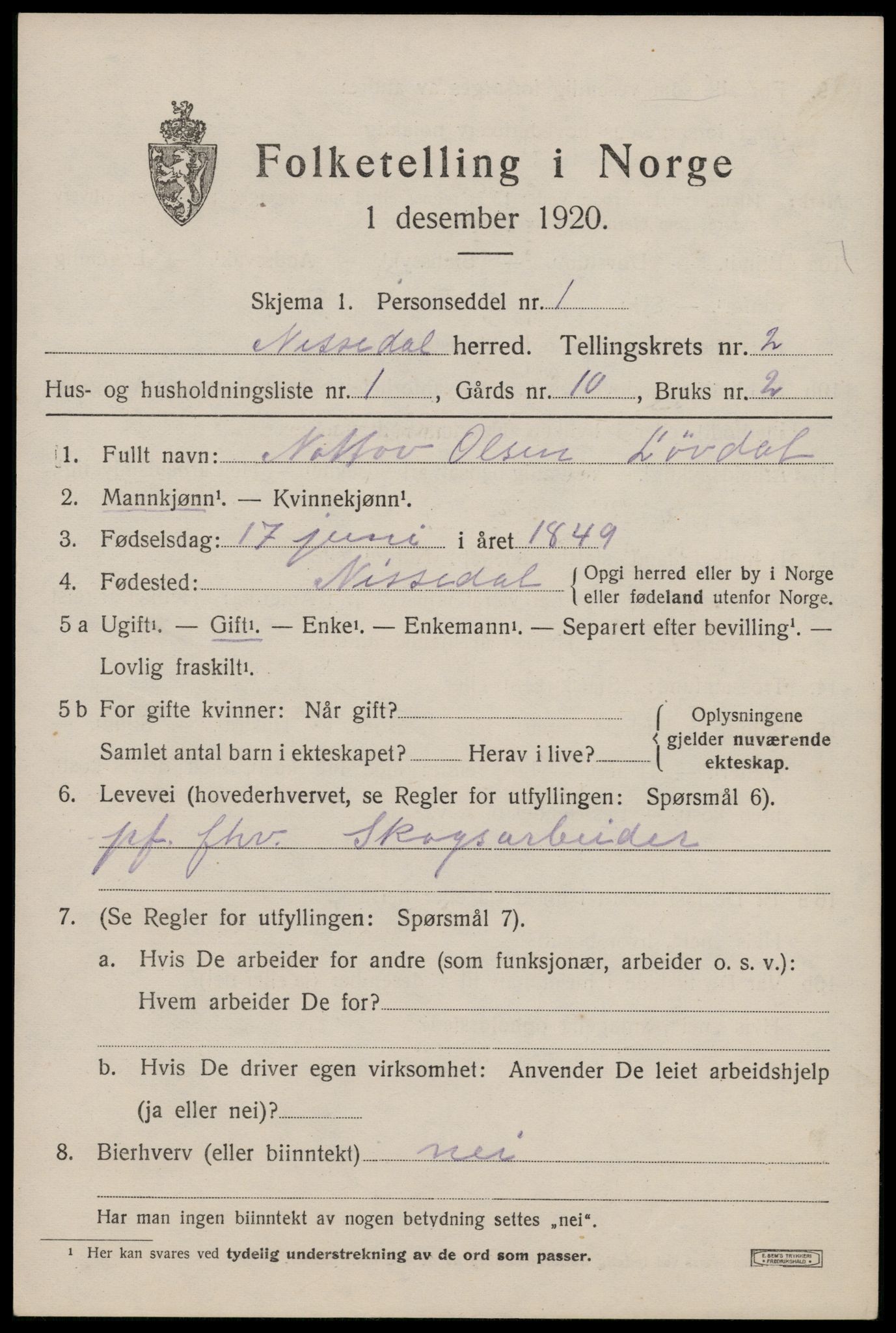 SAKO, 1920 census for Nissedal, 1920, p. 1285