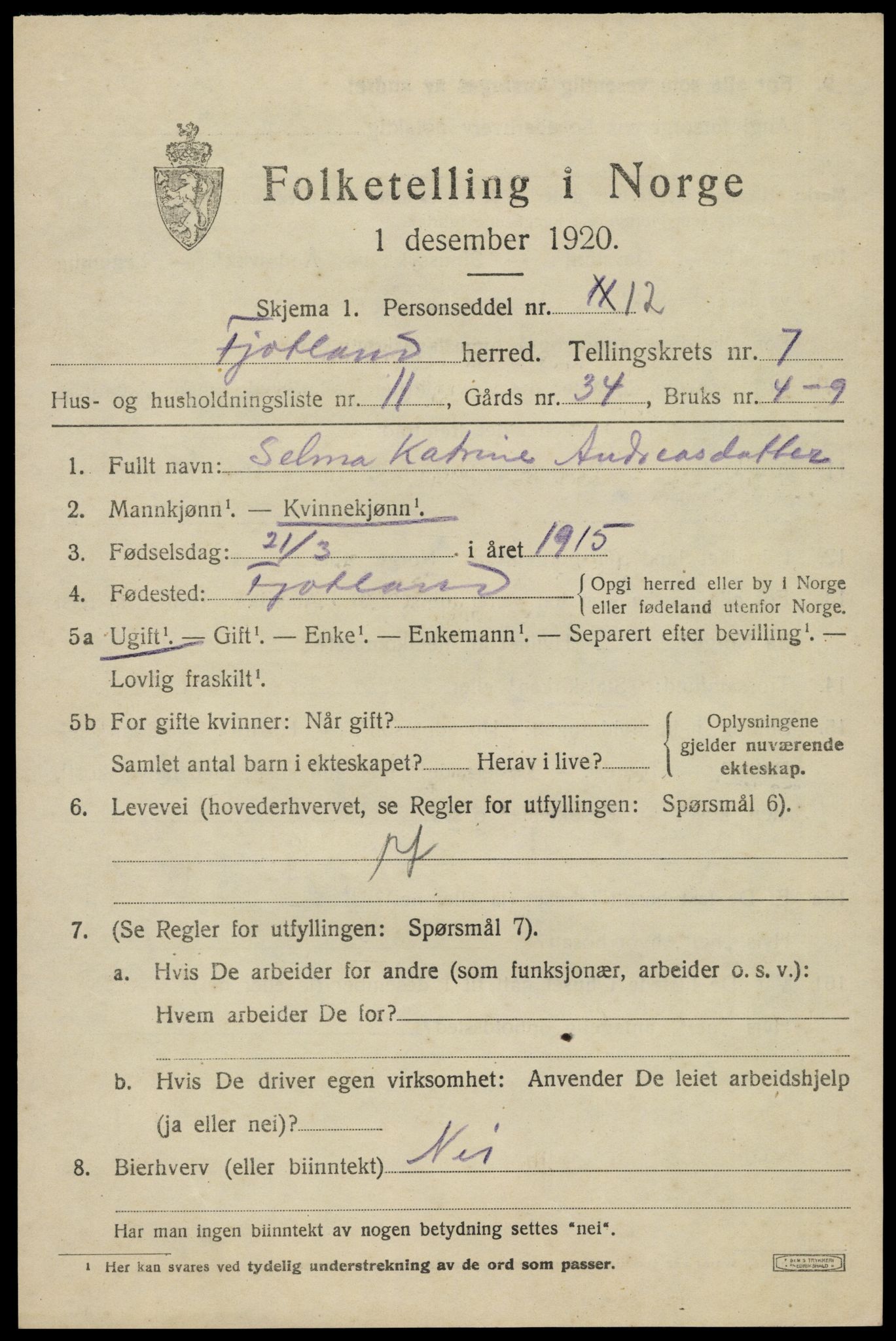 SAK, 1920 census for Fjotland, 1920, p. 1926