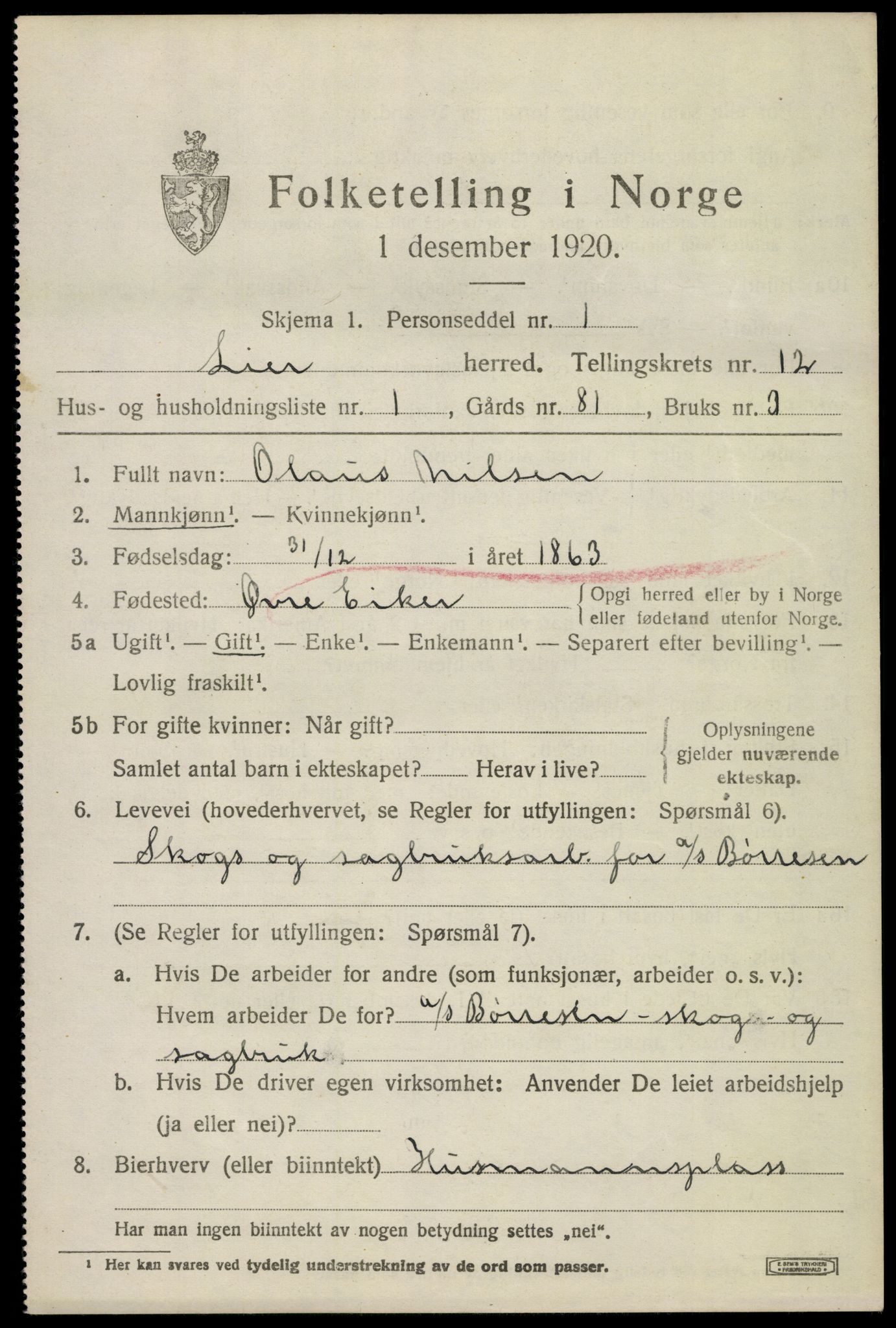 SAKO, 1920 census for Lier, 1920, p. 18498