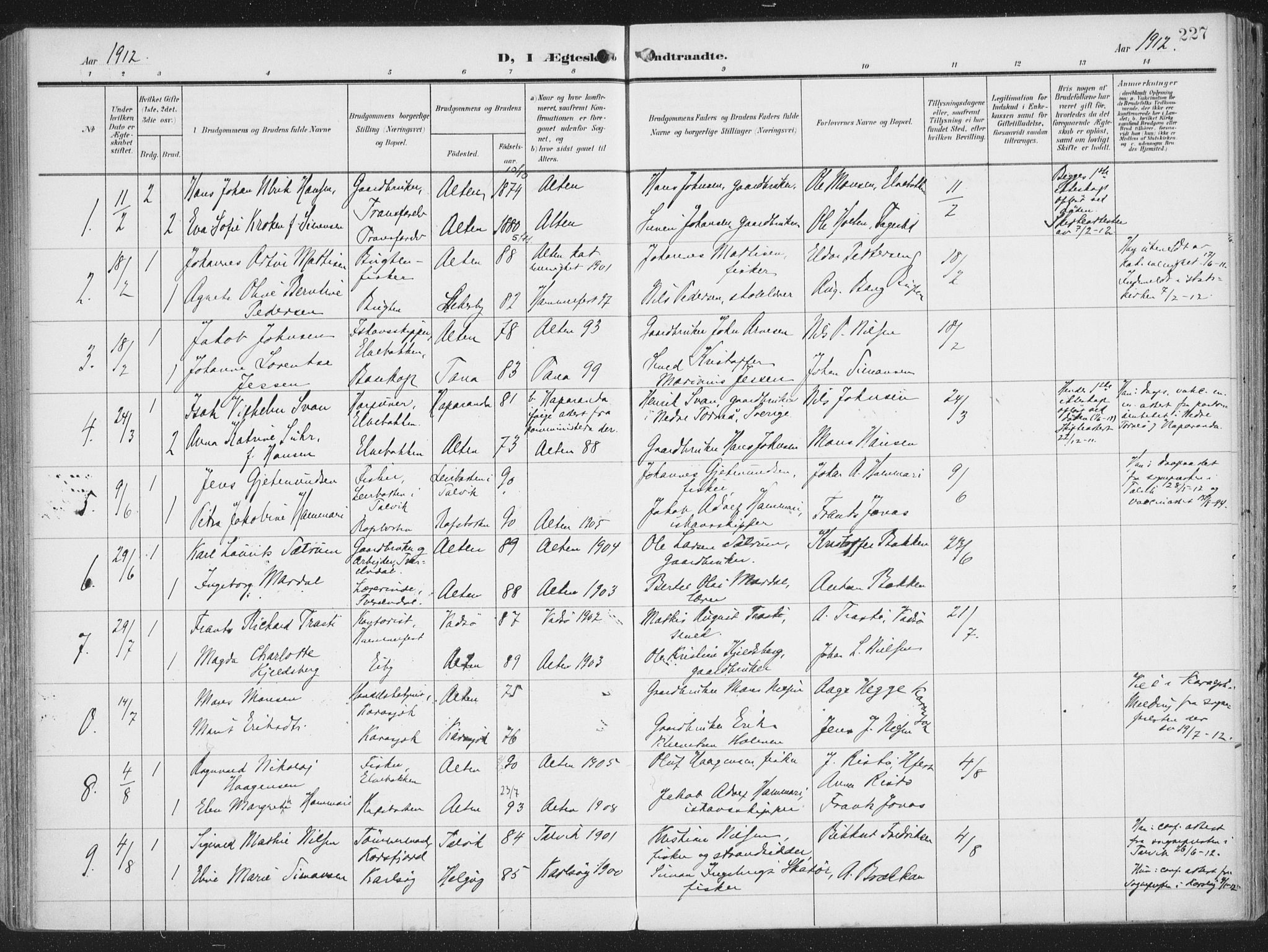 Alta sokneprestkontor, SATØ/S-1338/H/Ha/L0005.kirke: Parish register (official) no. 5, 1904-1918, p. 227