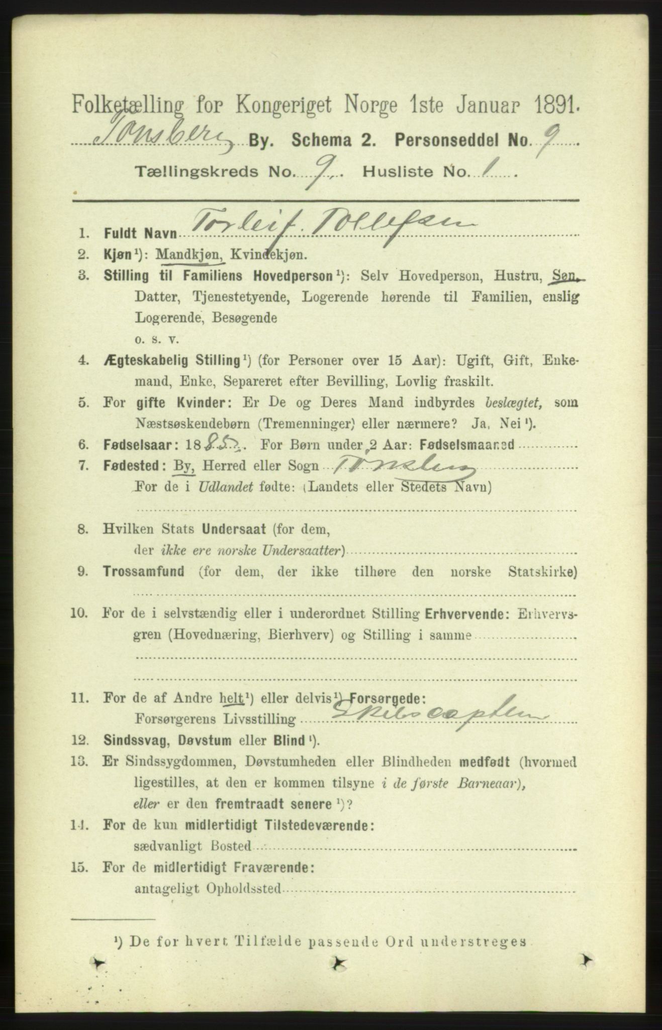 RA, 1891 census for 0705 Tønsberg, 1891, p. 3285