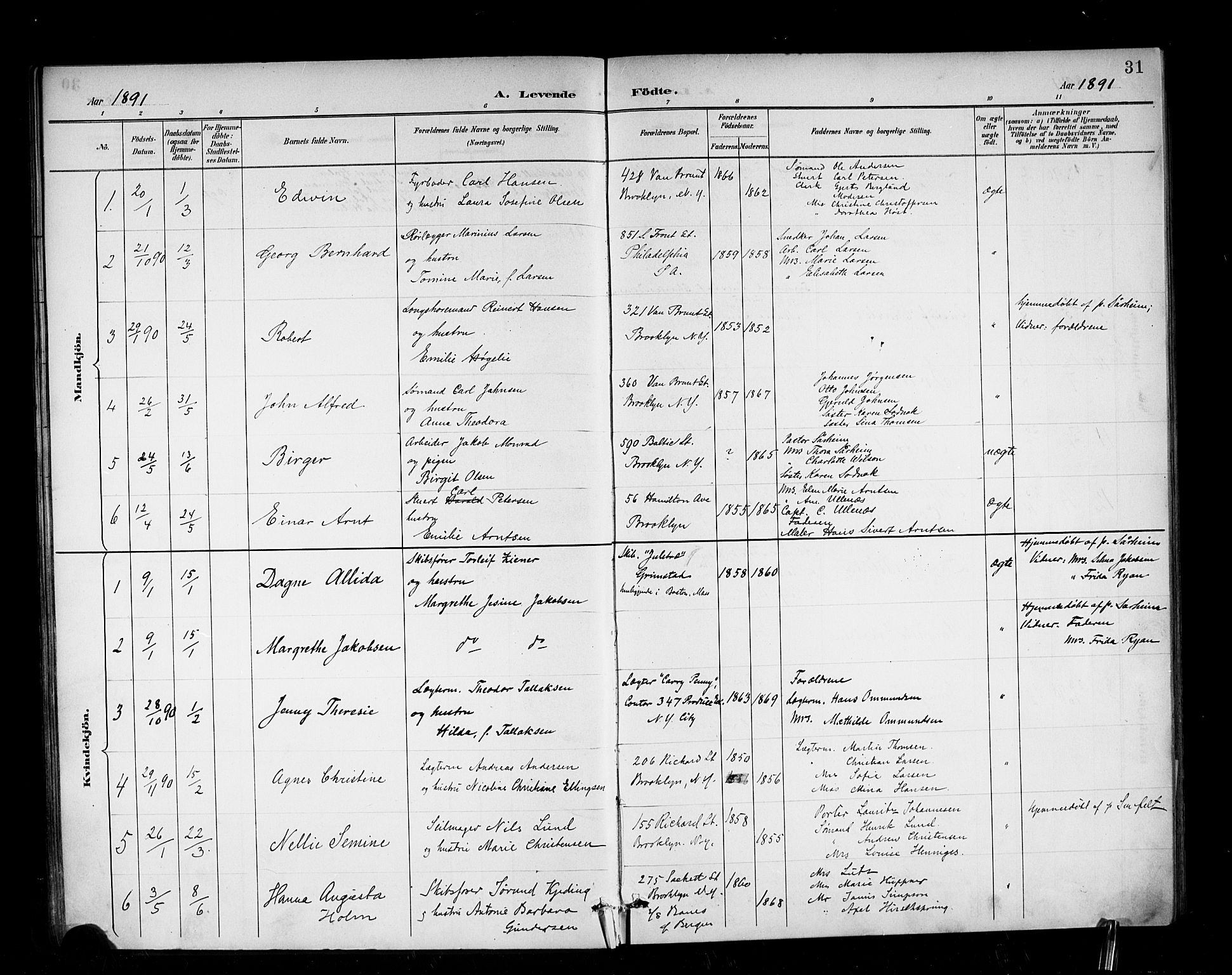 Den norske sjømannsmisjon i utlandet/New York, SAB/SAB/PA-0110/H/Ha/L0003: Parish register (official) no. A 3, 1888-1893, p. 31