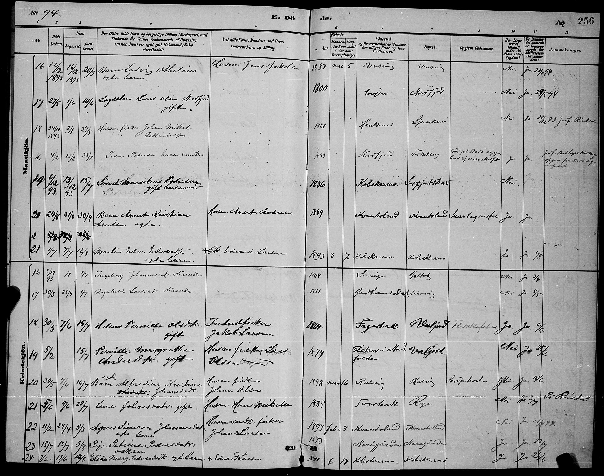 Ministerialprotokoller, klokkerbøker og fødselsregistre - Nordland, AV/SAT-A-1459/853/L0772: Parish register (official) no. 853A11, 1881-1900, p. 256