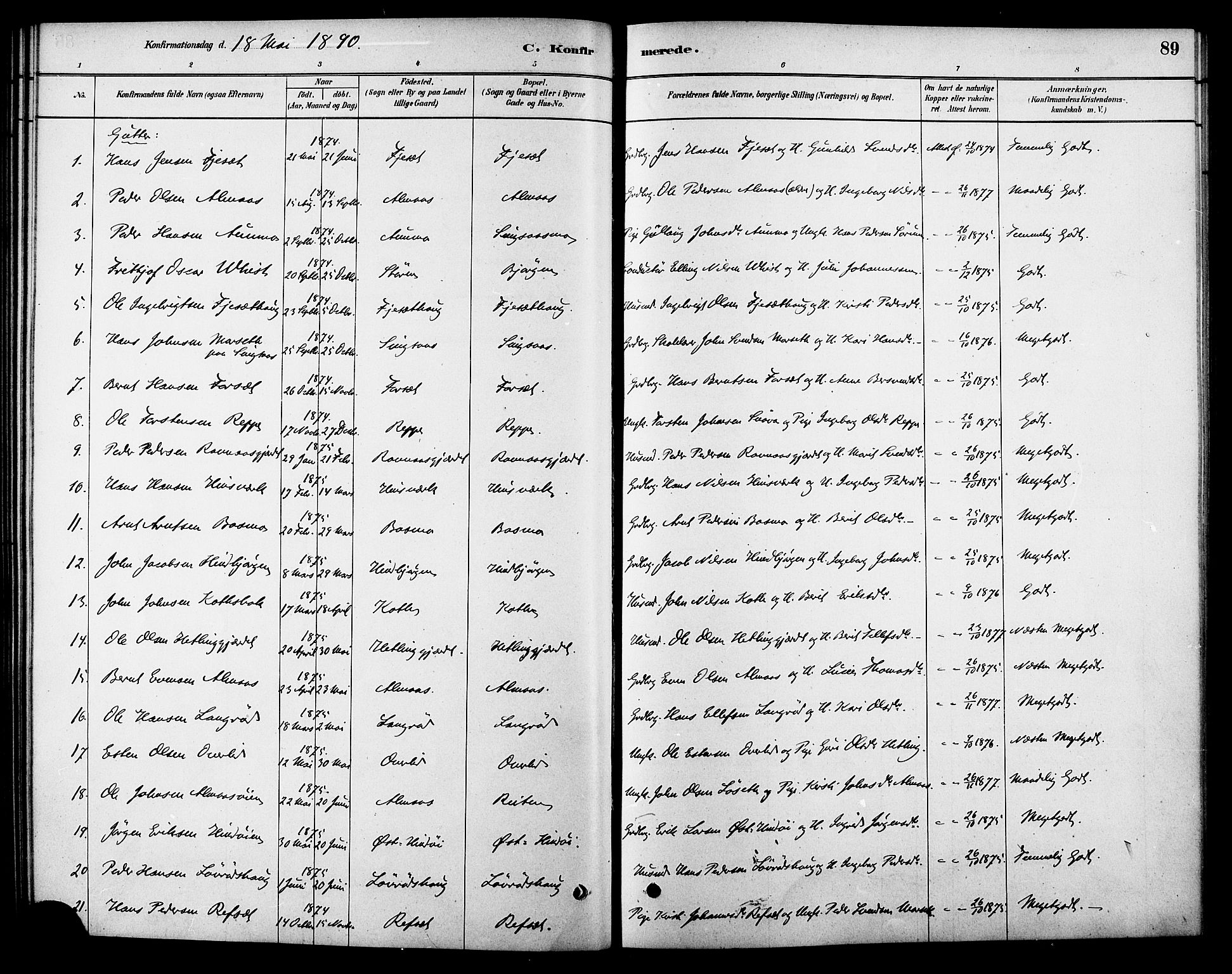 Ministerialprotokoller, klokkerbøker og fødselsregistre - Sør-Trøndelag, AV/SAT-A-1456/688/L1024: Parish register (official) no. 688A01, 1879-1890, p. 89