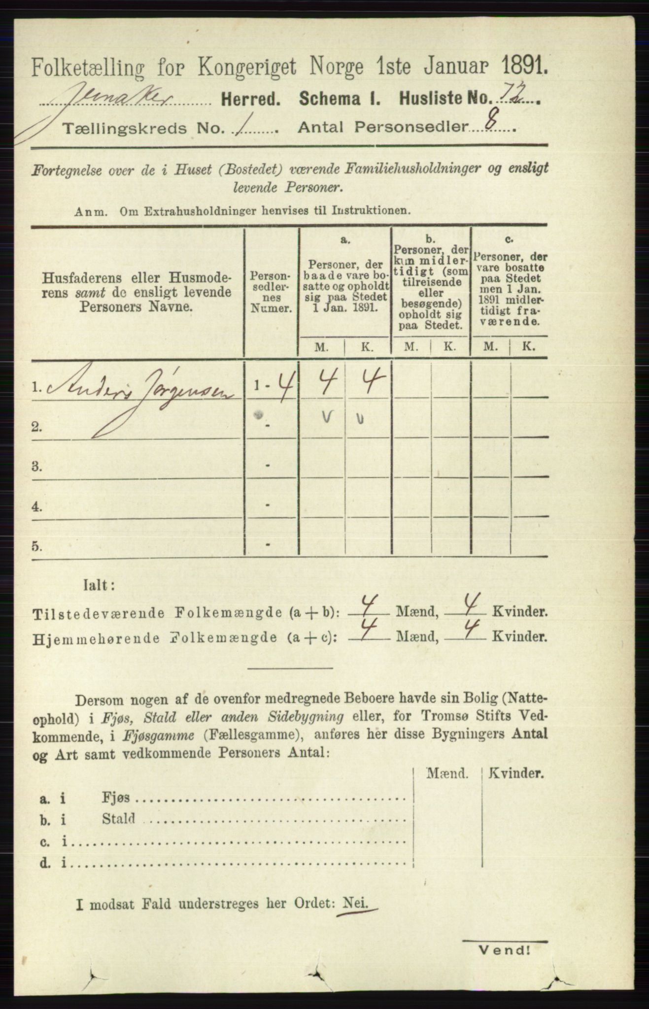 RA, 1891 census for 0532 Jevnaker, 1891, p. 105