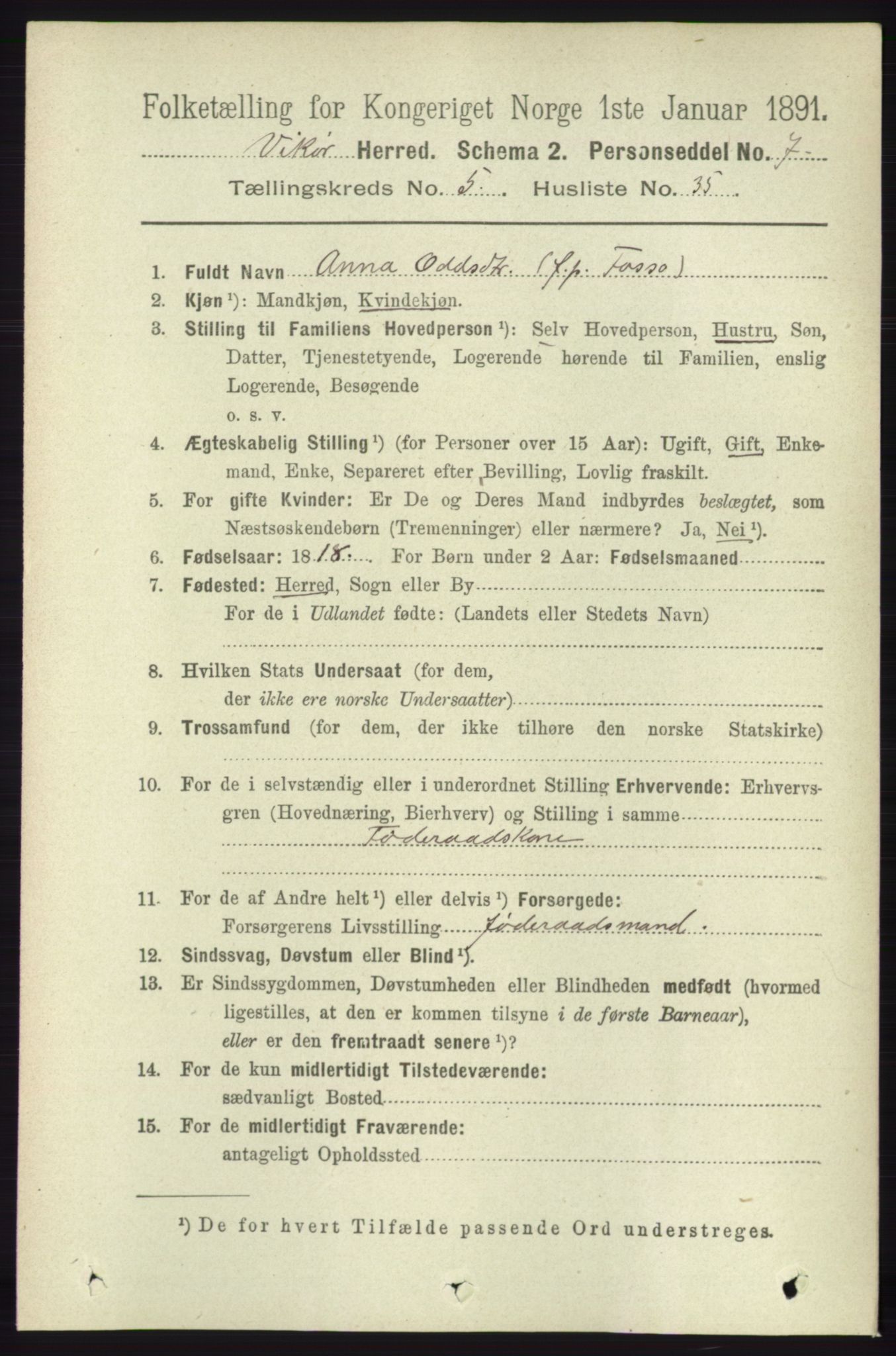 RA, 1891 census for 1238 Vikør, 1891, p. 1599