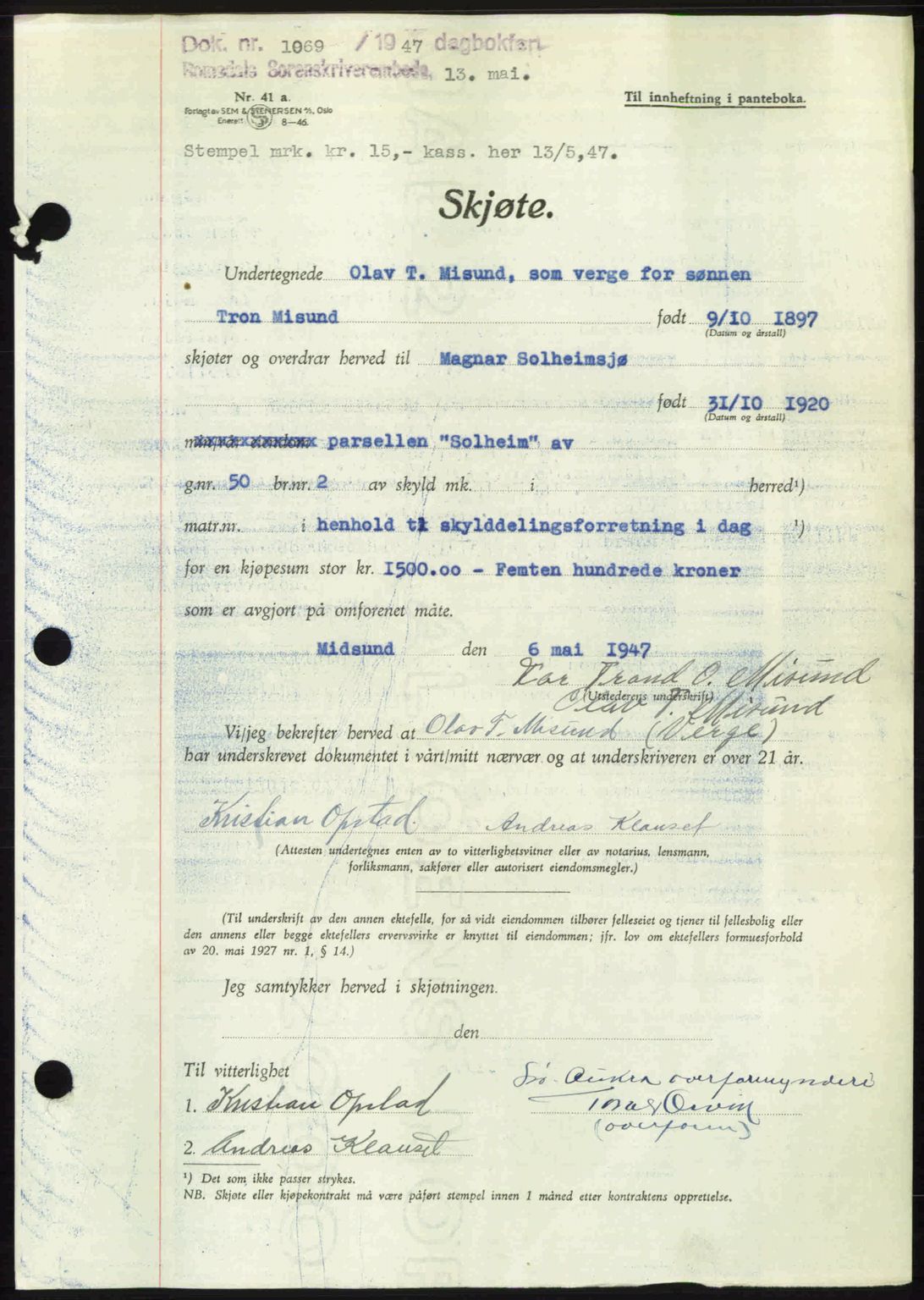 Romsdal sorenskriveri, AV/SAT-A-4149/1/2/2C: Mortgage book no. A23, 1947-1947, Diary no: : 1069/1947