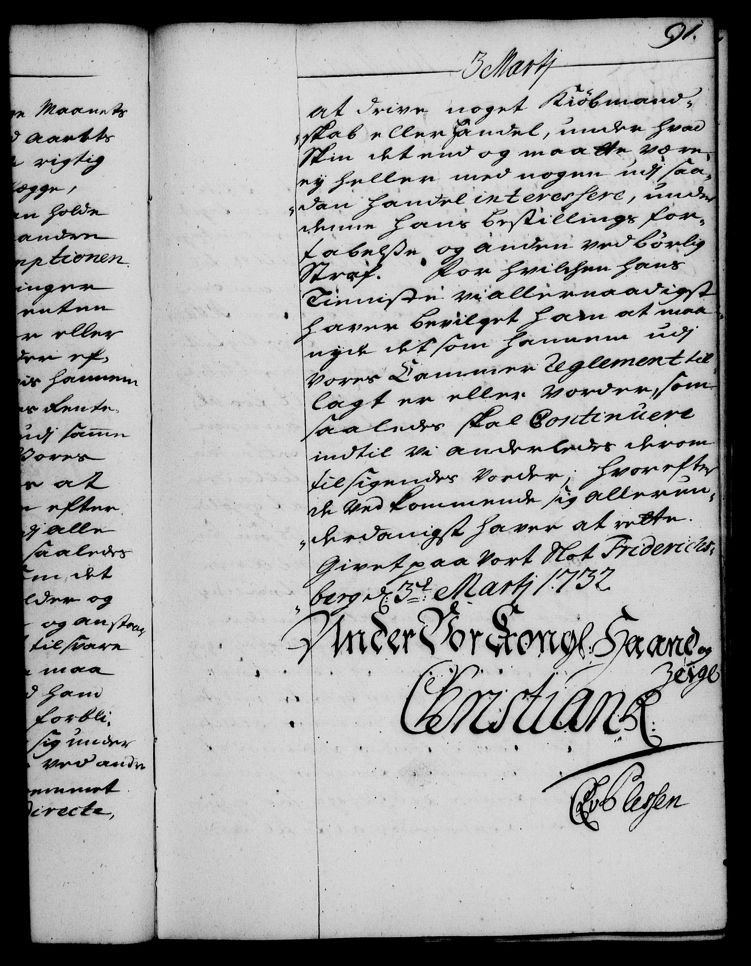 Rentekammeret, Kammerkanselliet, RA/EA-3111/G/Gg/Gge/L0002: Norsk bestallingsprotokoll med register (merket RK 53.26), 1730-1744, p. 91