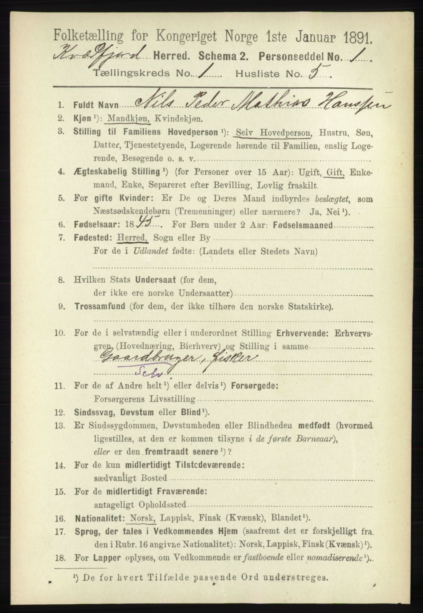 RA, 1891 census for 1911 Kvæfjord, 1891, p. 127