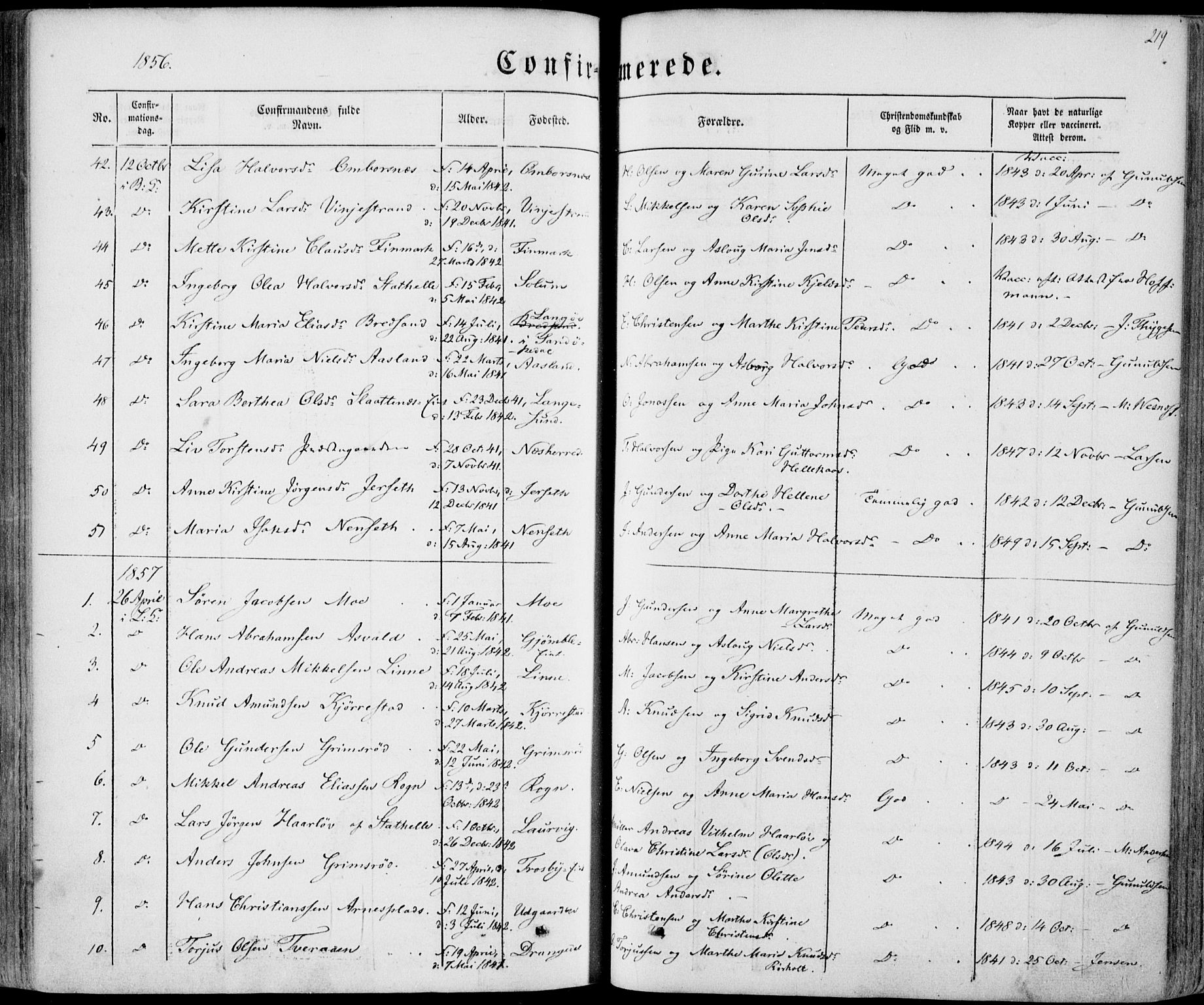 Bamble kirkebøker, AV/SAKO-A-253/F/Fa/L0005: Parish register (official) no. I 5, 1854-1869, p. 219