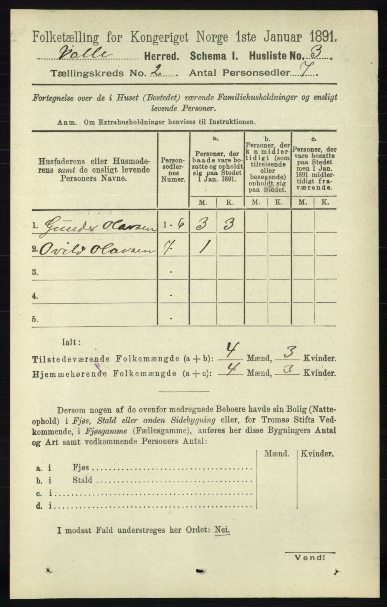 RA, 1891 census for 0940 Valle, 1891, p. 323