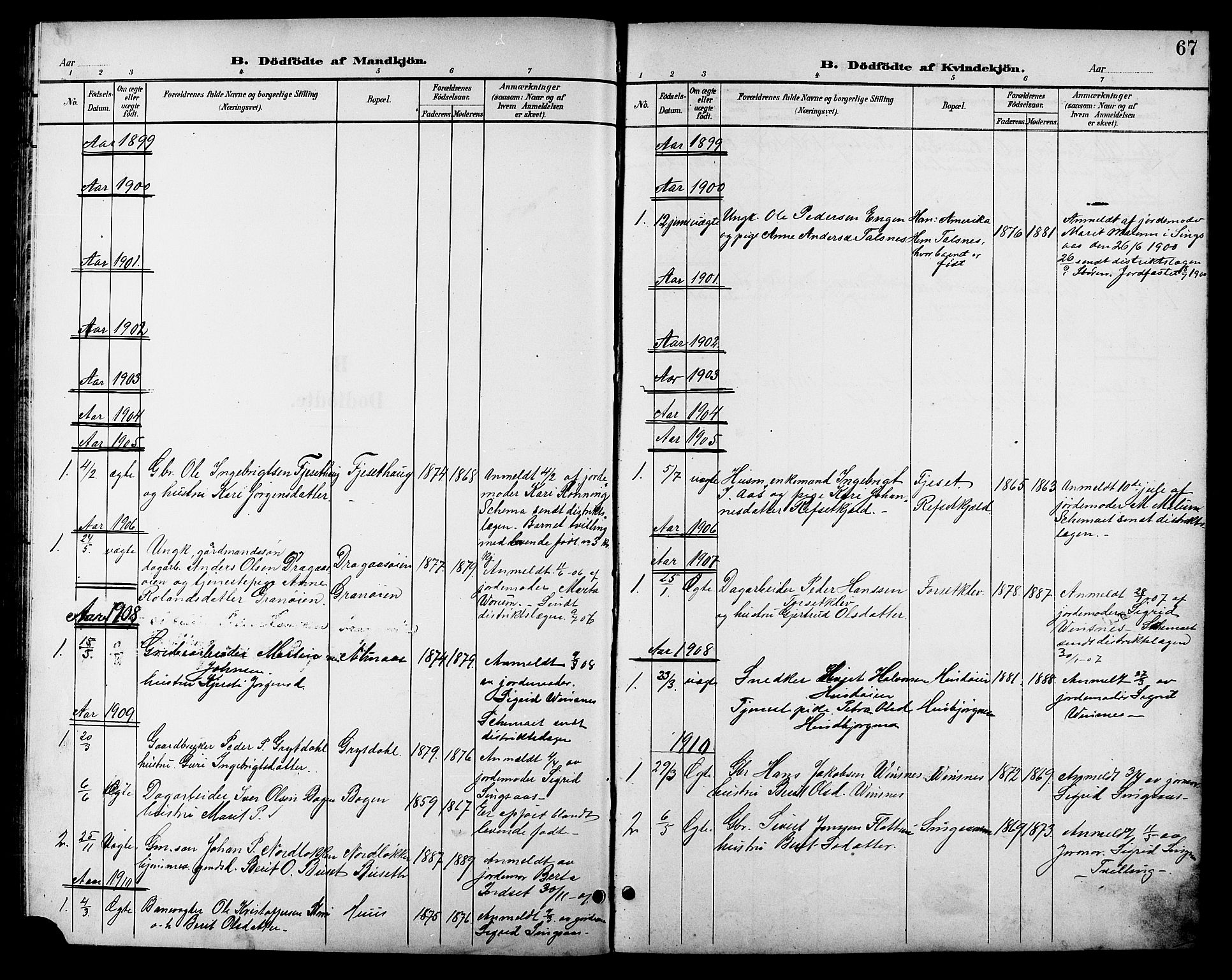 Ministerialprotokoller, klokkerbøker og fødselsregistre - Sør-Trøndelag, SAT/A-1456/688/L1029: Parish register (copy) no. 688C04, 1899-1915, p. 67