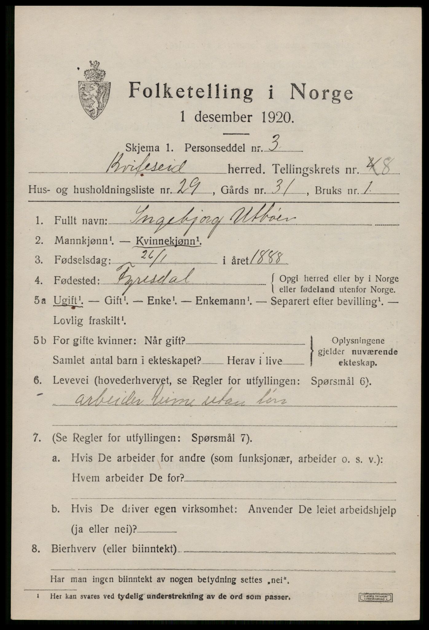 SAKO, 1920 census for Kviteseid, 1920, p. 4081