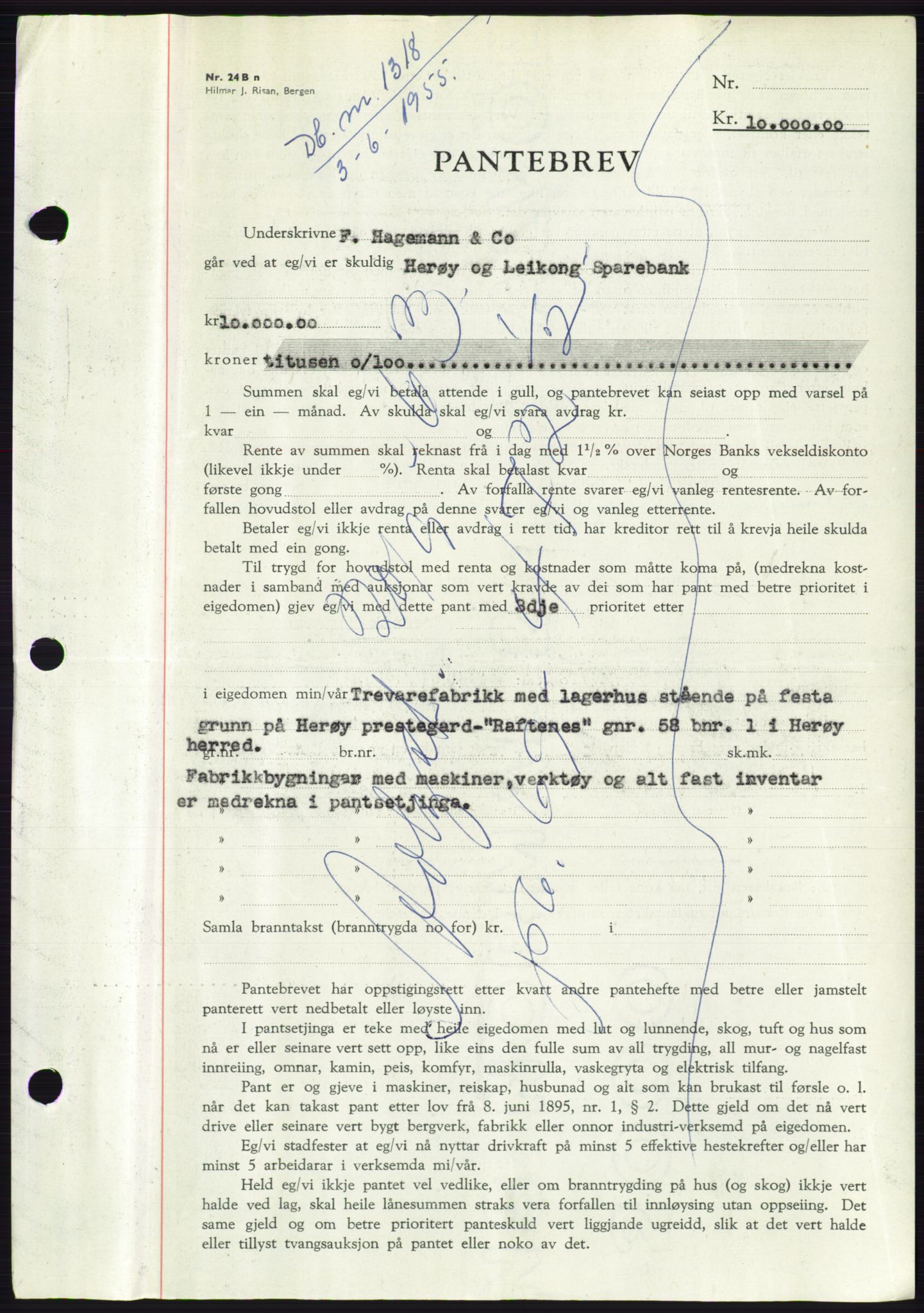 Søre Sunnmøre sorenskriveri, AV/SAT-A-4122/1/2/2C/L0126: Mortgage book no. 14B, 1954-1955, Diary no: : 1318/1955