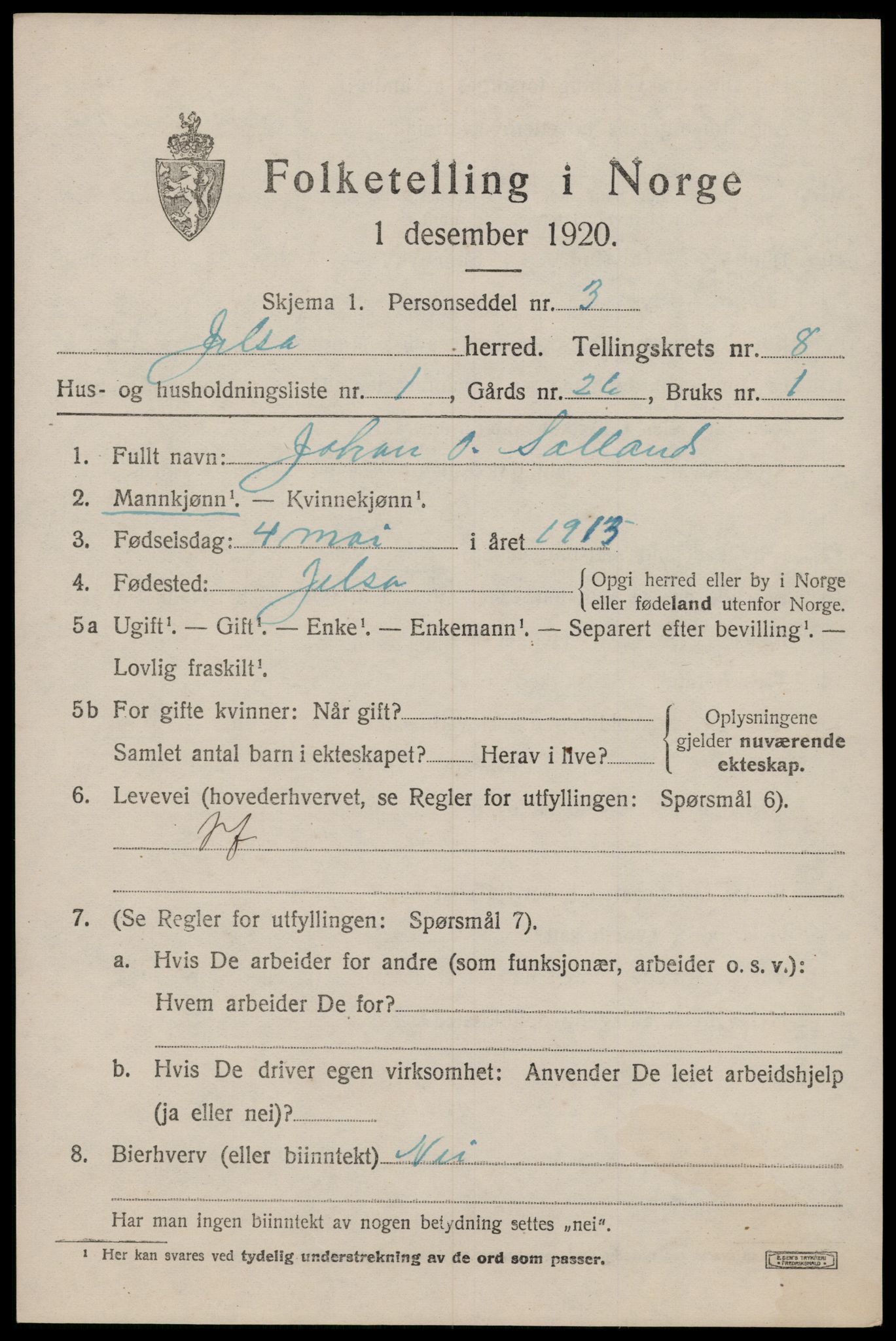 SAST, 1920 census for Jelsa, 1920, p. 2146