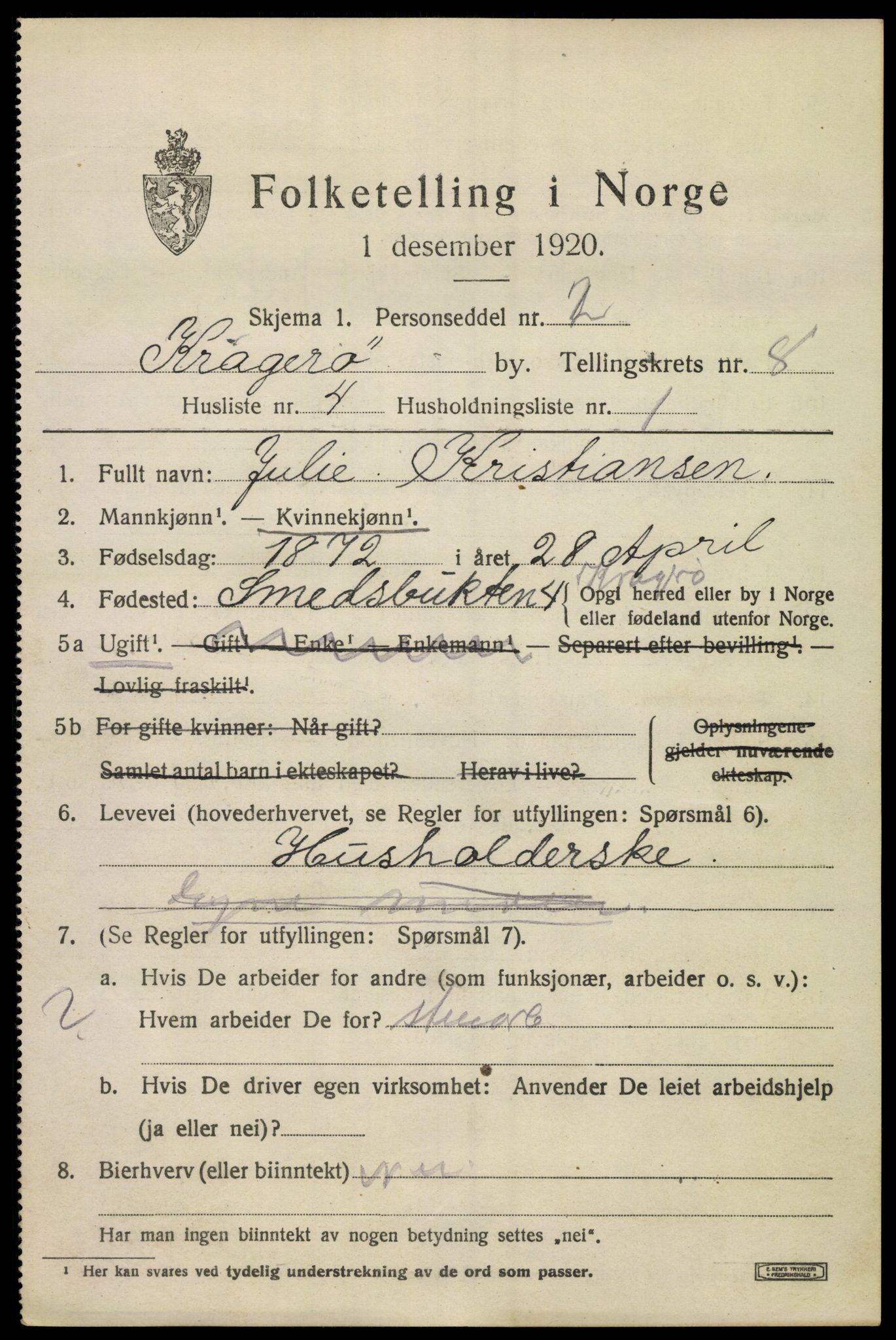 SAKO, 1920 census for Kragerø, 1920, p. 11125