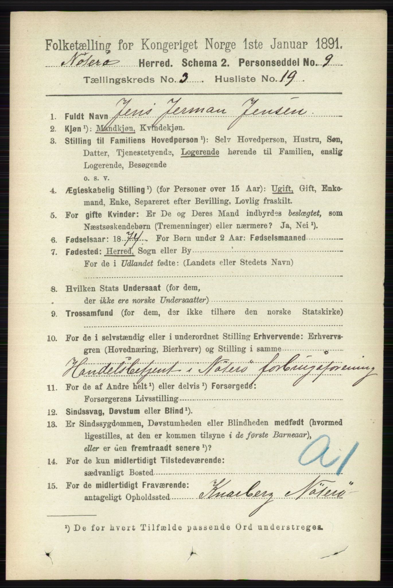 RA, 1891 census for 0722 Nøtterøy, 1891, p. 1665