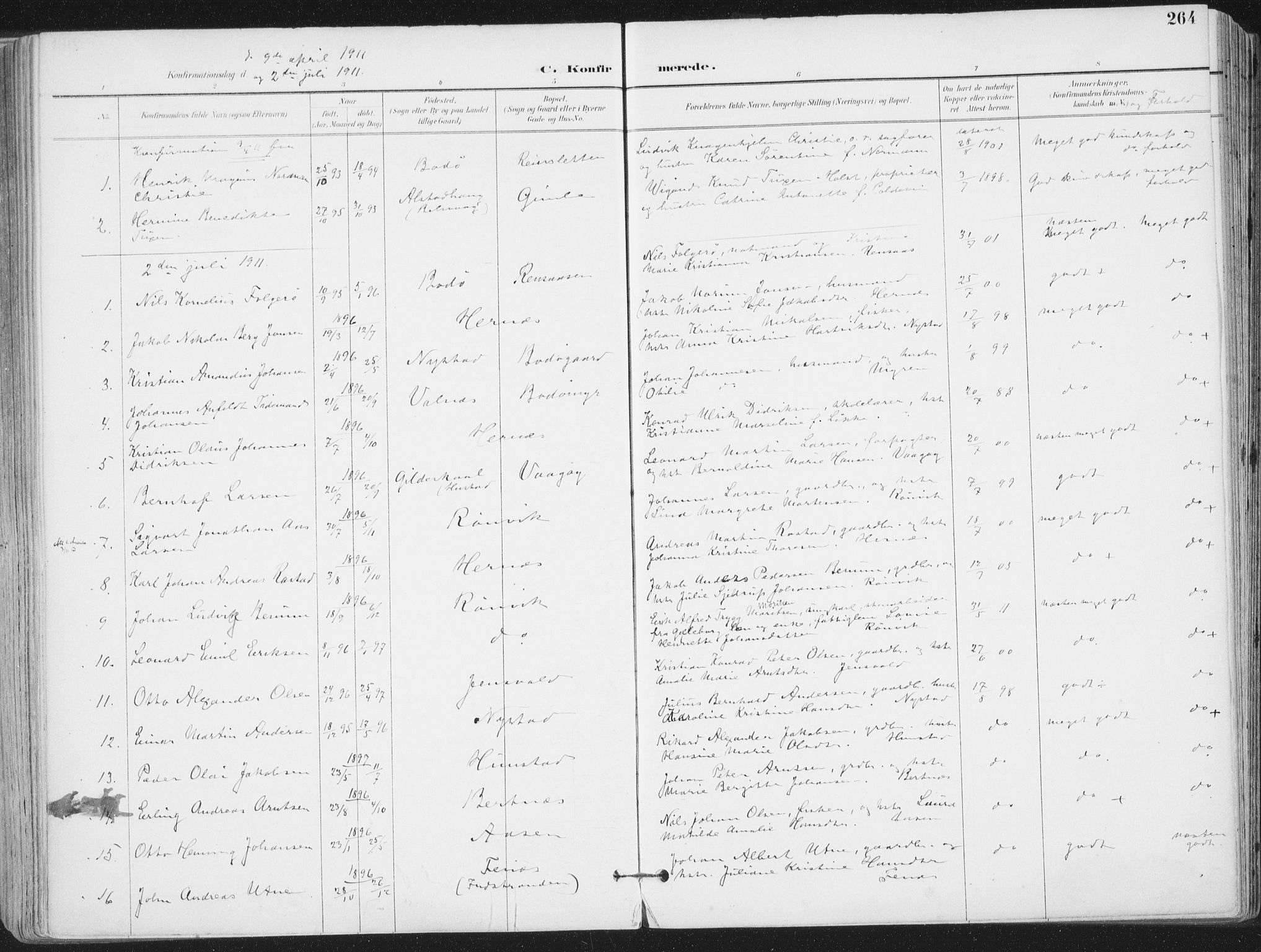 Ministerialprotokoller, klokkerbøker og fødselsregistre - Nordland, AV/SAT-A-1459/802/L0055: Parish register (official) no. 802A02, 1894-1915, p. 264