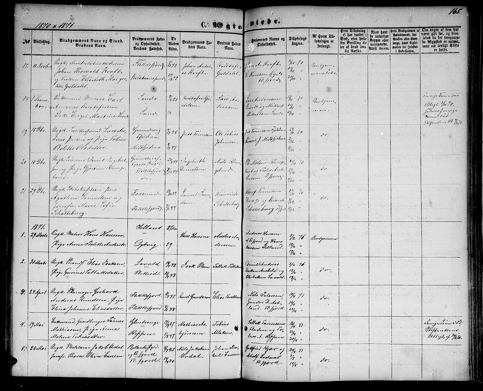 Flekkefjord sokneprestkontor, SAK/1111-0012/F/Fb/Fbc/L0006: Parish register (copy) no. B 6, 1866-1879, p. 165