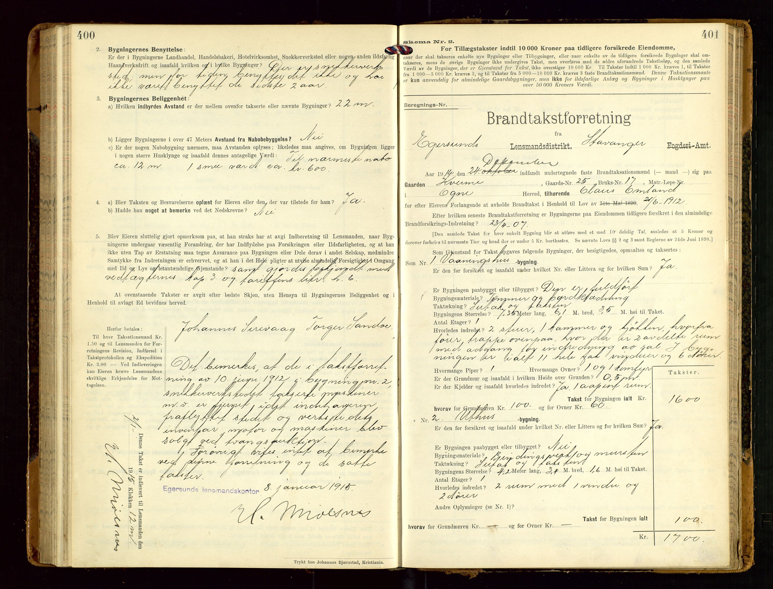 Eigersund lensmannskontor, SAST/A-100171/Gob/L0002: "Brandtakstprotokol", 1910-1916, p. 400-401