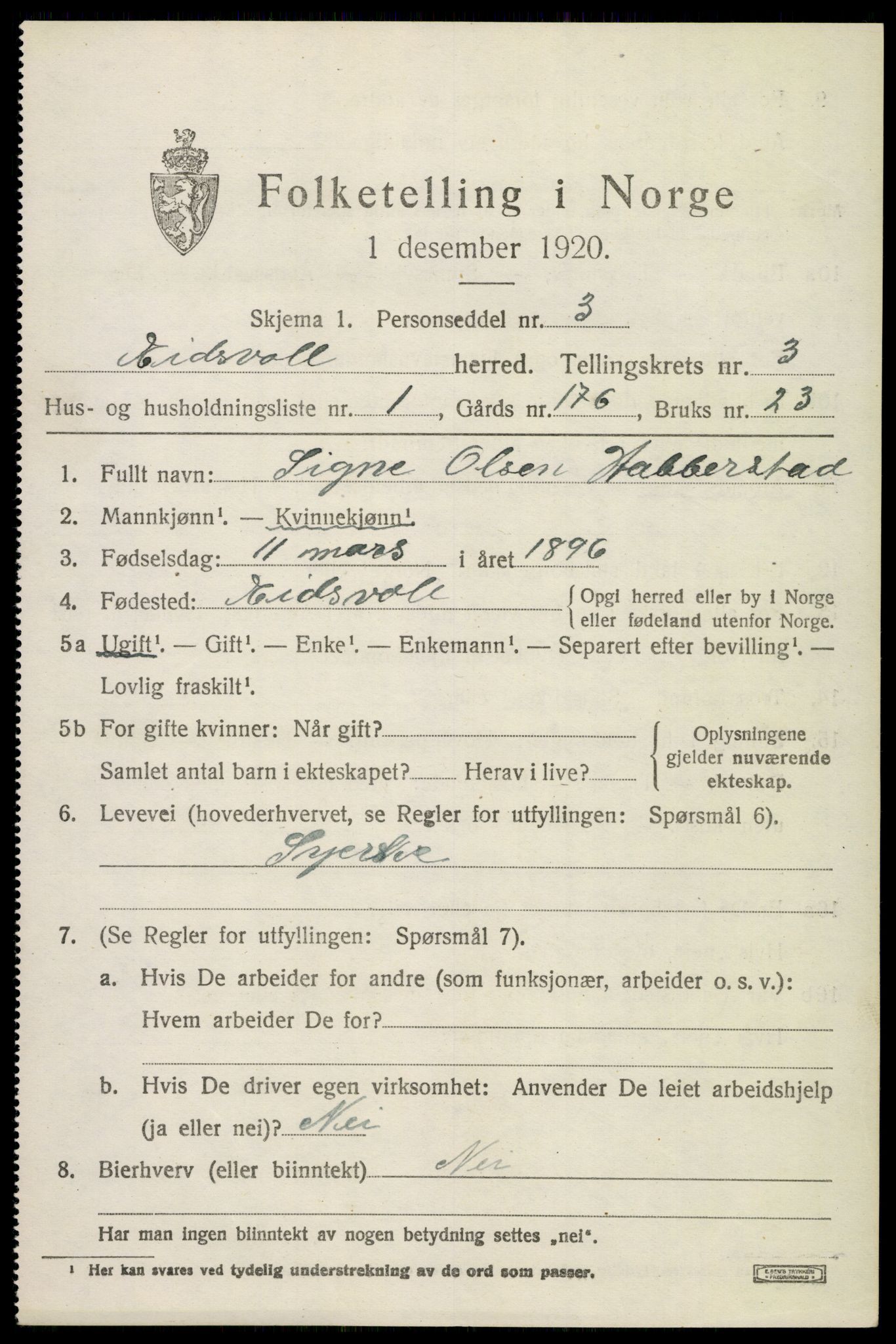 SAO, 1920 census for Eidsvoll, 1920, p. 7623