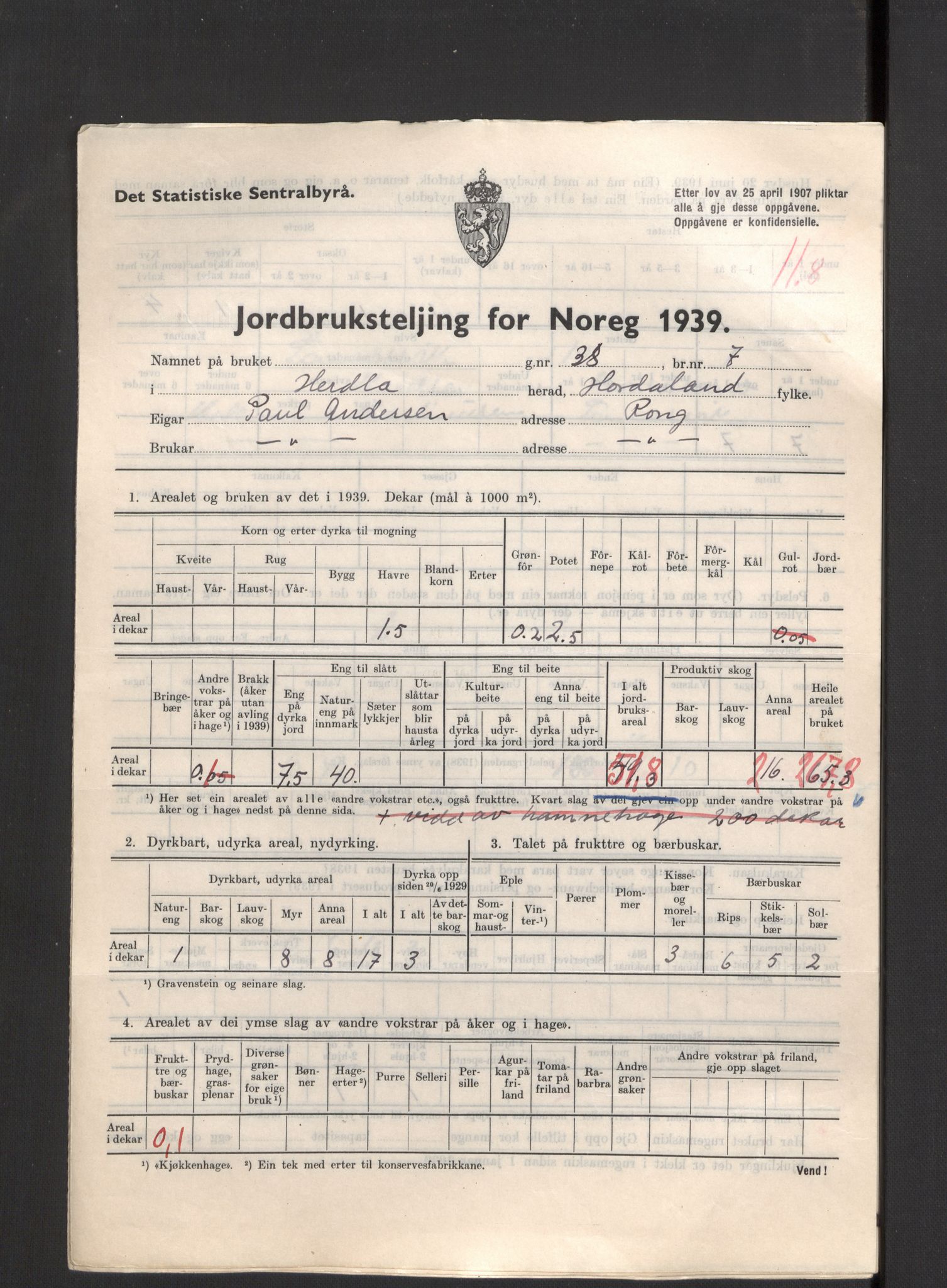 Statistisk sentralbyrå, Næringsøkonomiske emner, Jordbruk, skogbruk, jakt, fiske og fangst, AV/RA-S-2234/G/Gb/L0211: Hordaland: Herdla, Hjelme og Manger, 1939, p. 1099