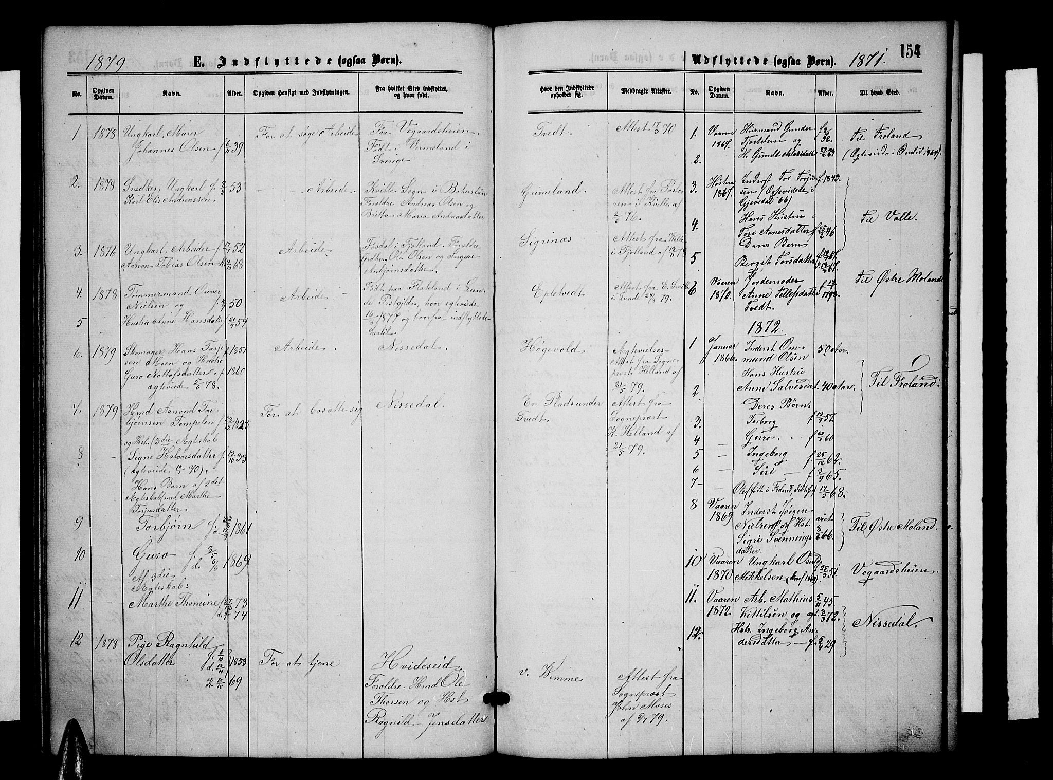 Åmli sokneprestkontor, AV/SAK-1111-0050/F/Fb/Fbc/L0003: Parish register (copy) no. B 3, 1868-1888, p. 154