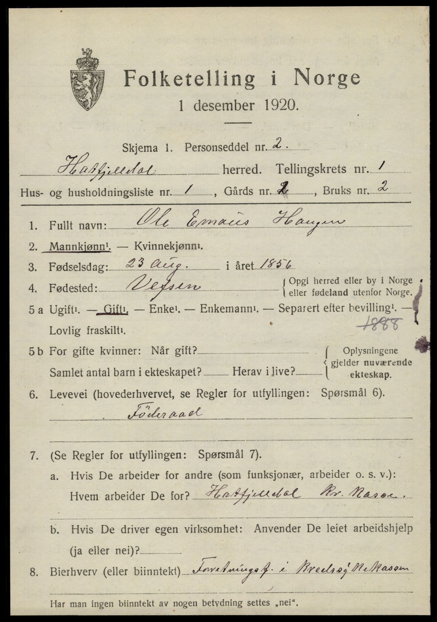 SAT, 1920 census for Hattfjelldal, 1920, p. 392