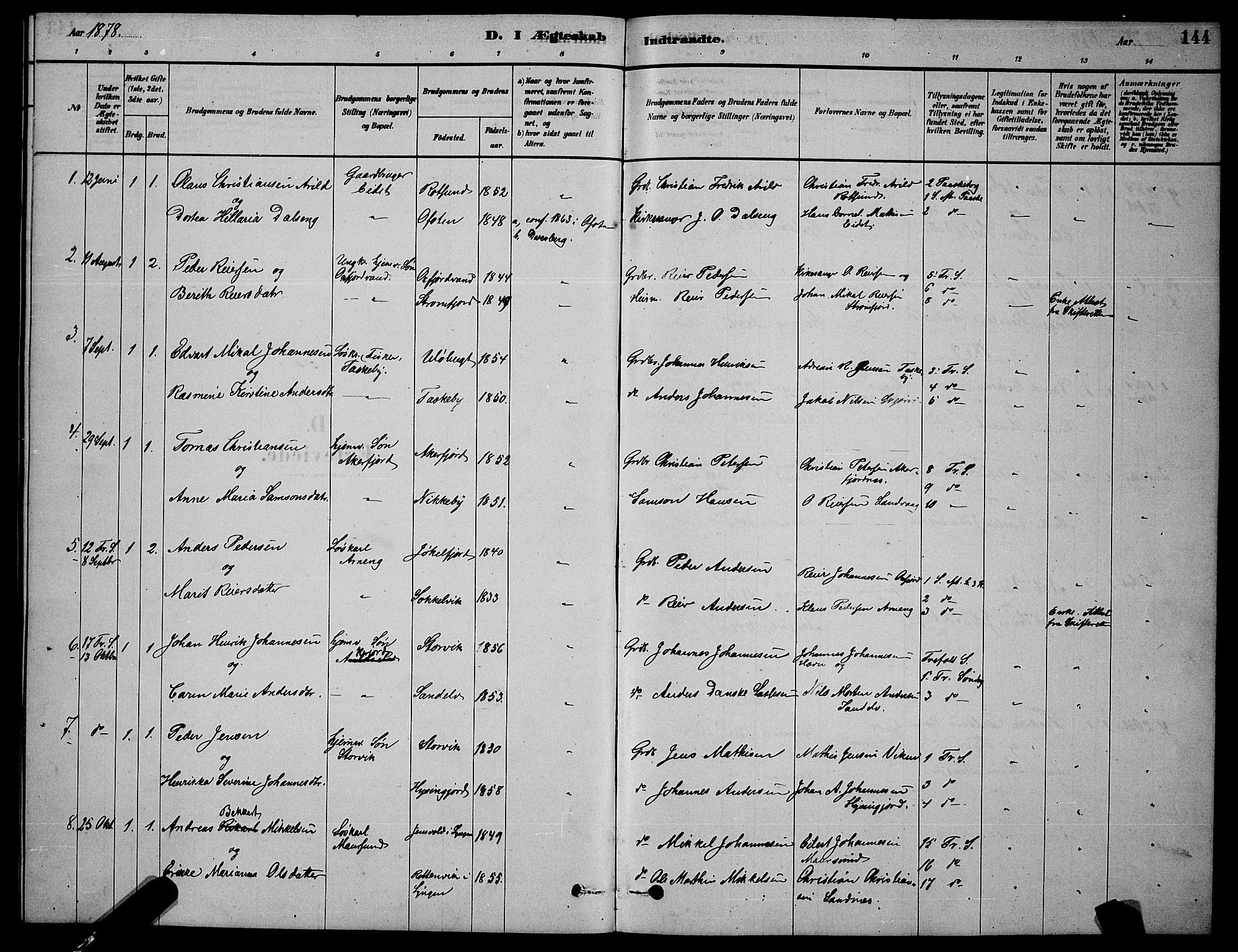 Skjervøy sokneprestkontor, AV/SATØ-S-1300/H/Ha/Hab/L0006klokker: Parish register (copy) no. 6, 1878-1888, p. 144