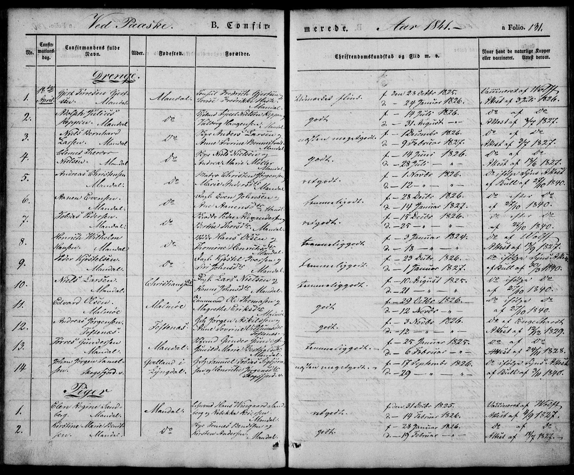 Mandal sokneprestkontor, SAK/1111-0030/F/Fa/Faa/L0012: Parish register (official) no. A 12, 1840-1847, p. 131