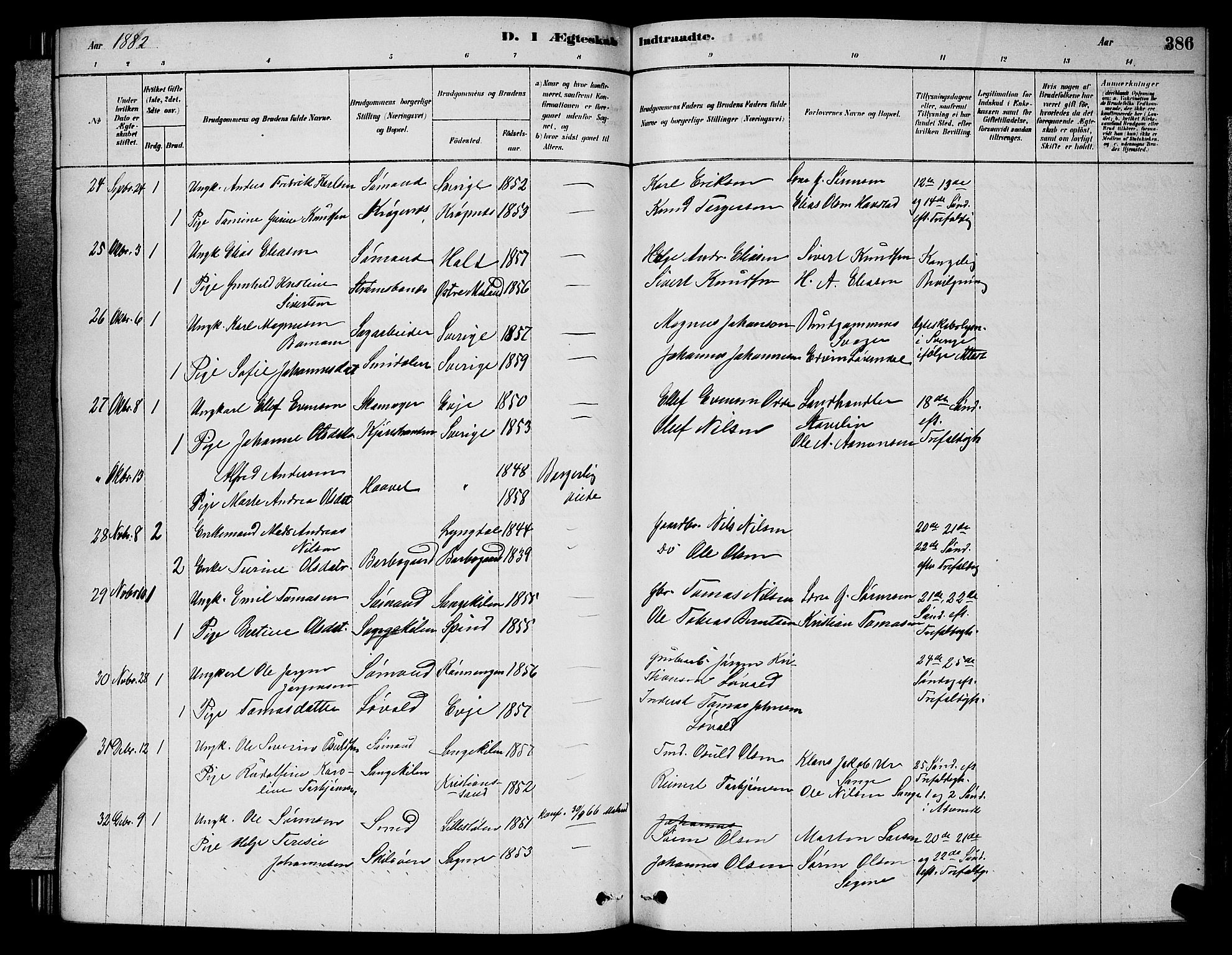 Barbu sokneprestkontor, AV/SAK-1111-0003/F/Fb/L0001: Parish register (copy) no. B 1, 1878-1890, p. 386