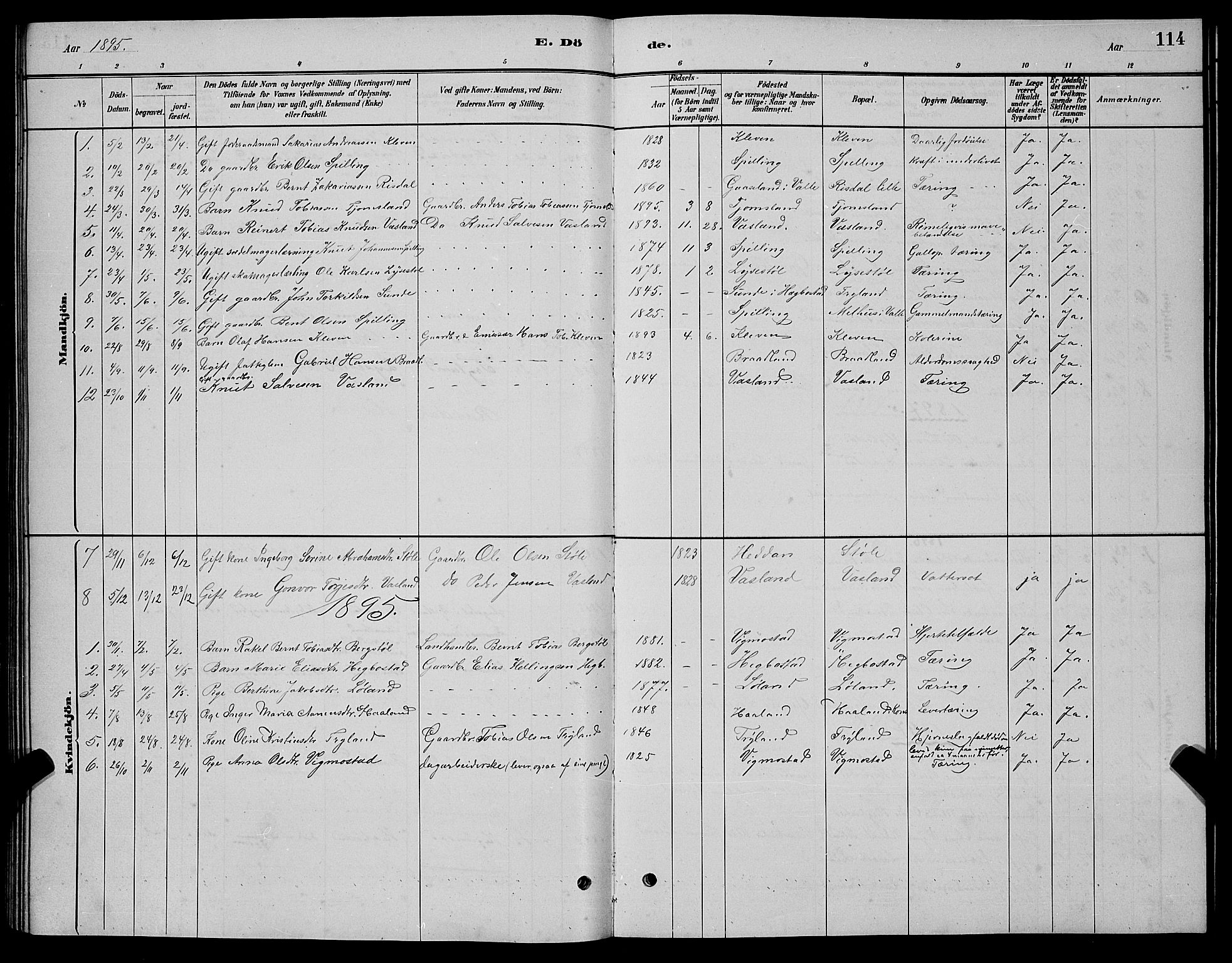 Nord-Audnedal sokneprestkontor, AV/SAK-1111-0032/F/Fb/Fbb/L0003: Parish register (copy) no. B 3, 1882-1900, p. 114