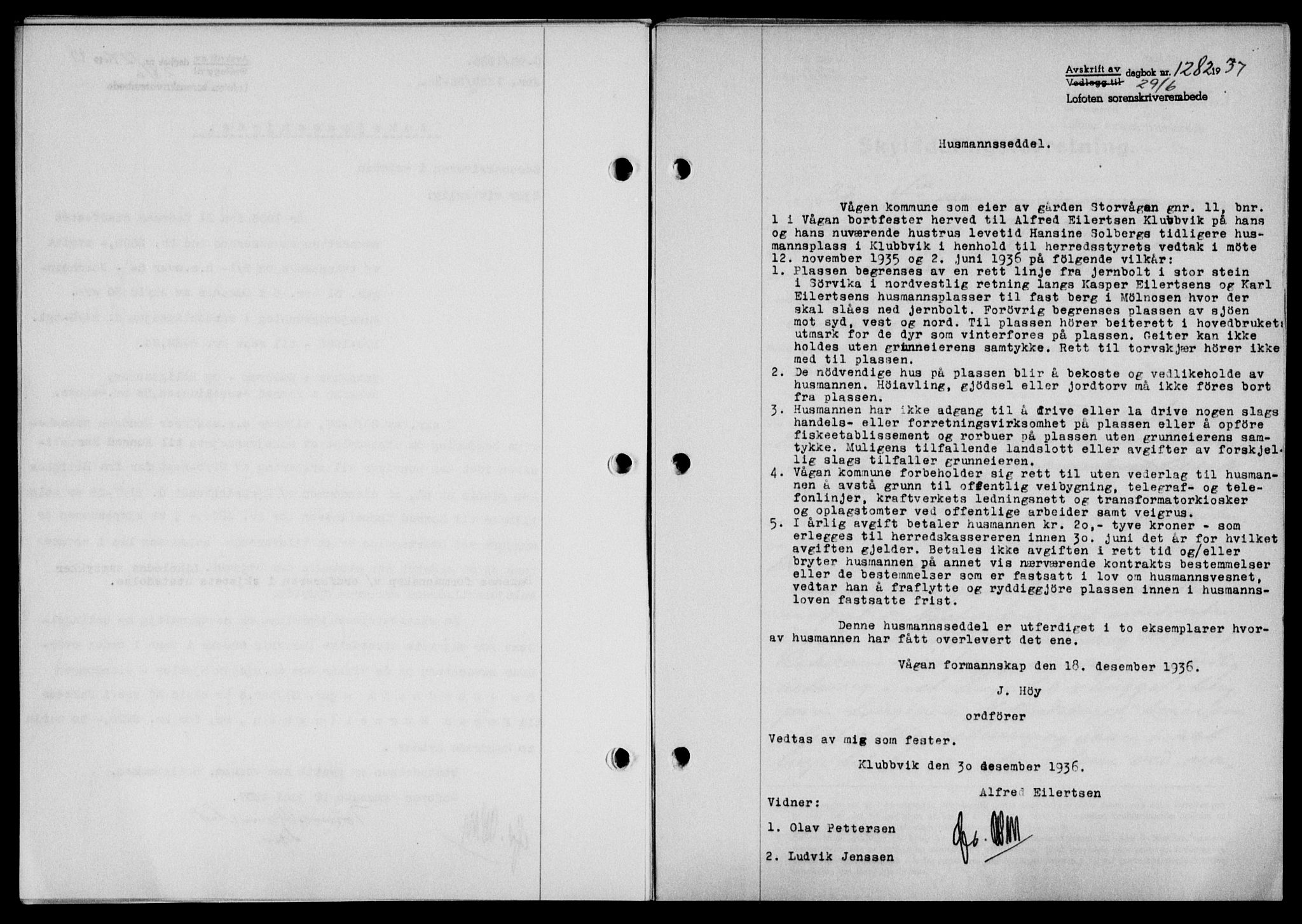 Lofoten sorenskriveri, SAT/A-0017/1/2/2C/L0002a: Mortgage book no. 2a, 1937-1937, Diary no: : 1282/1937