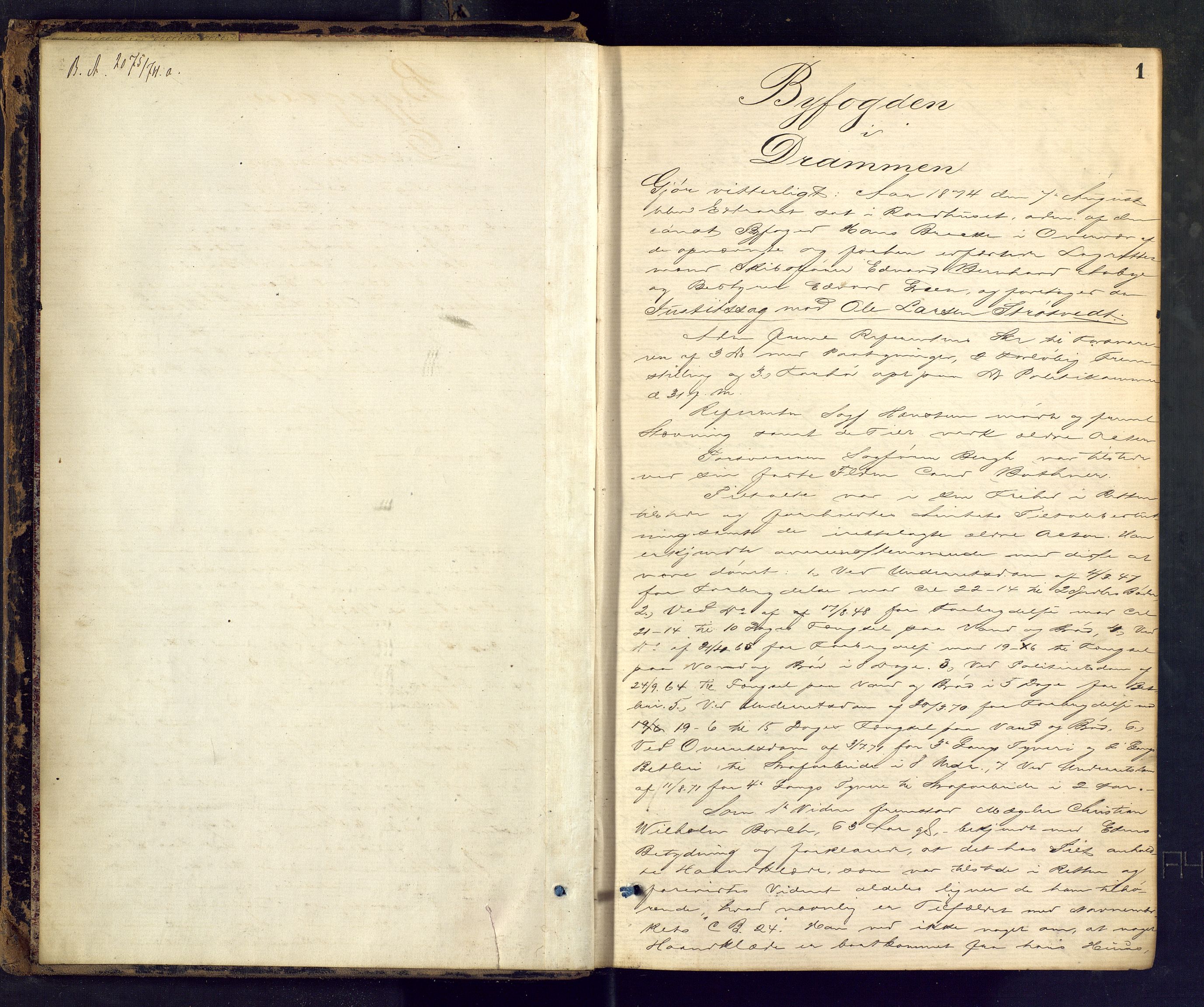 Drammen byfogd, AV/SAKO-A-222/F/Fe/L0016: Ekstrarettsprotokoll, 1874-1878, p. 1
