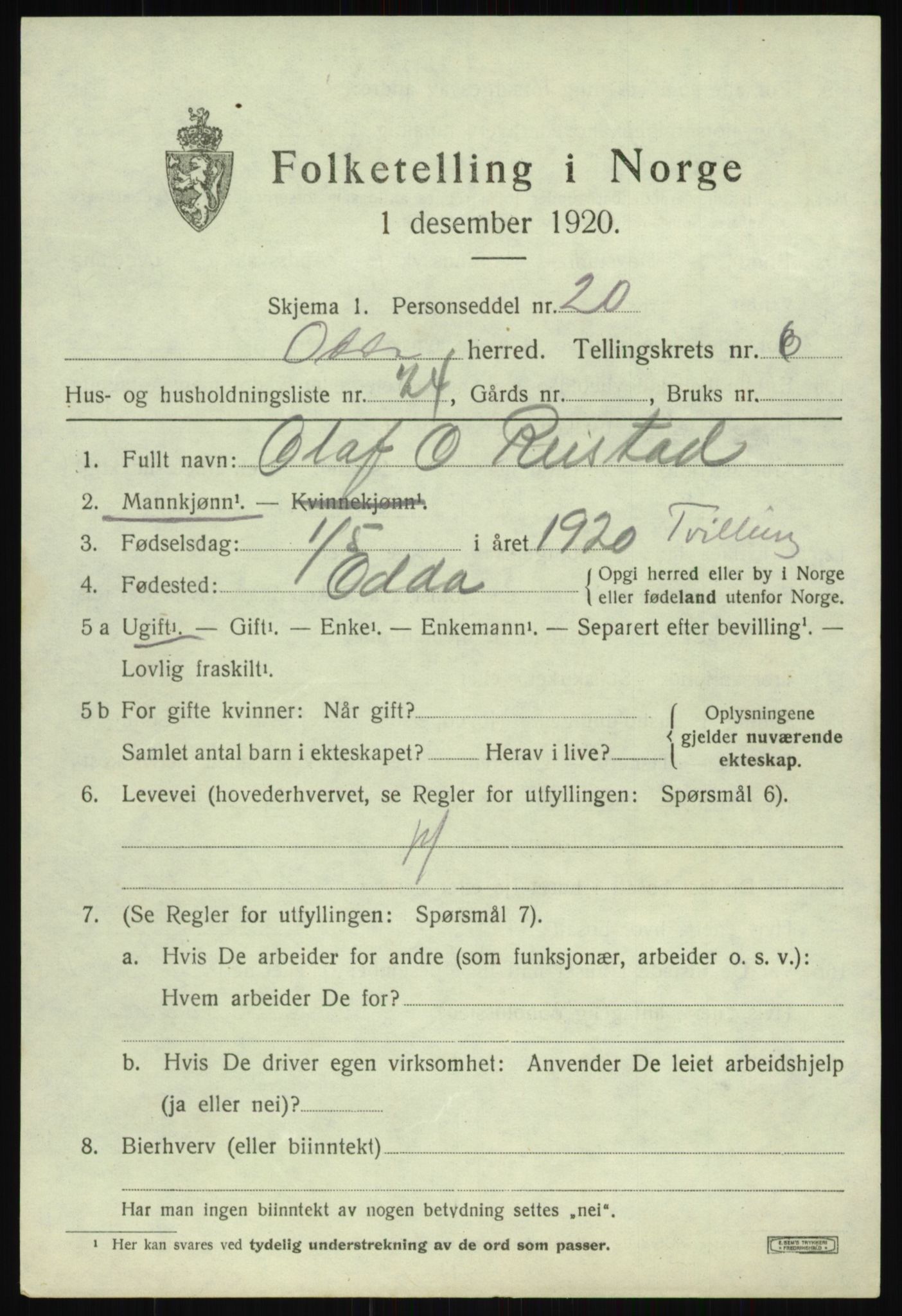 SAB, 1920 census for Odda, 1920, p. 4723