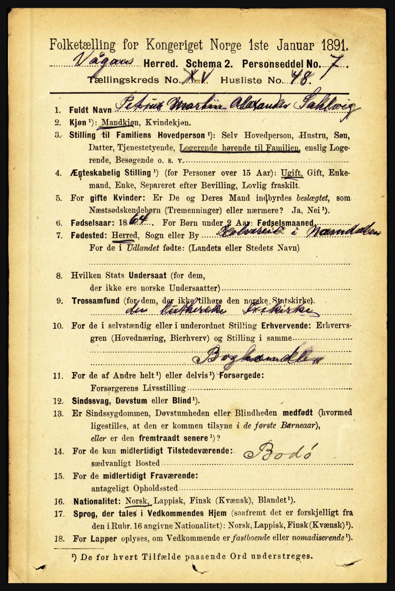 RA, 1891 census for 1865 Vågan, 1891, p. 4512