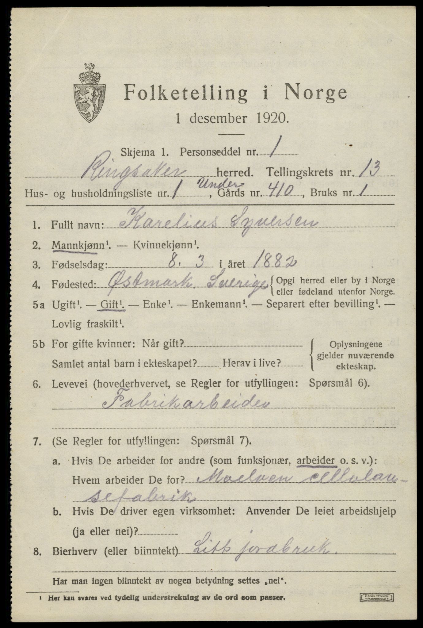 SAH, 1920 census for Ringsaker, 1920, p. 20624