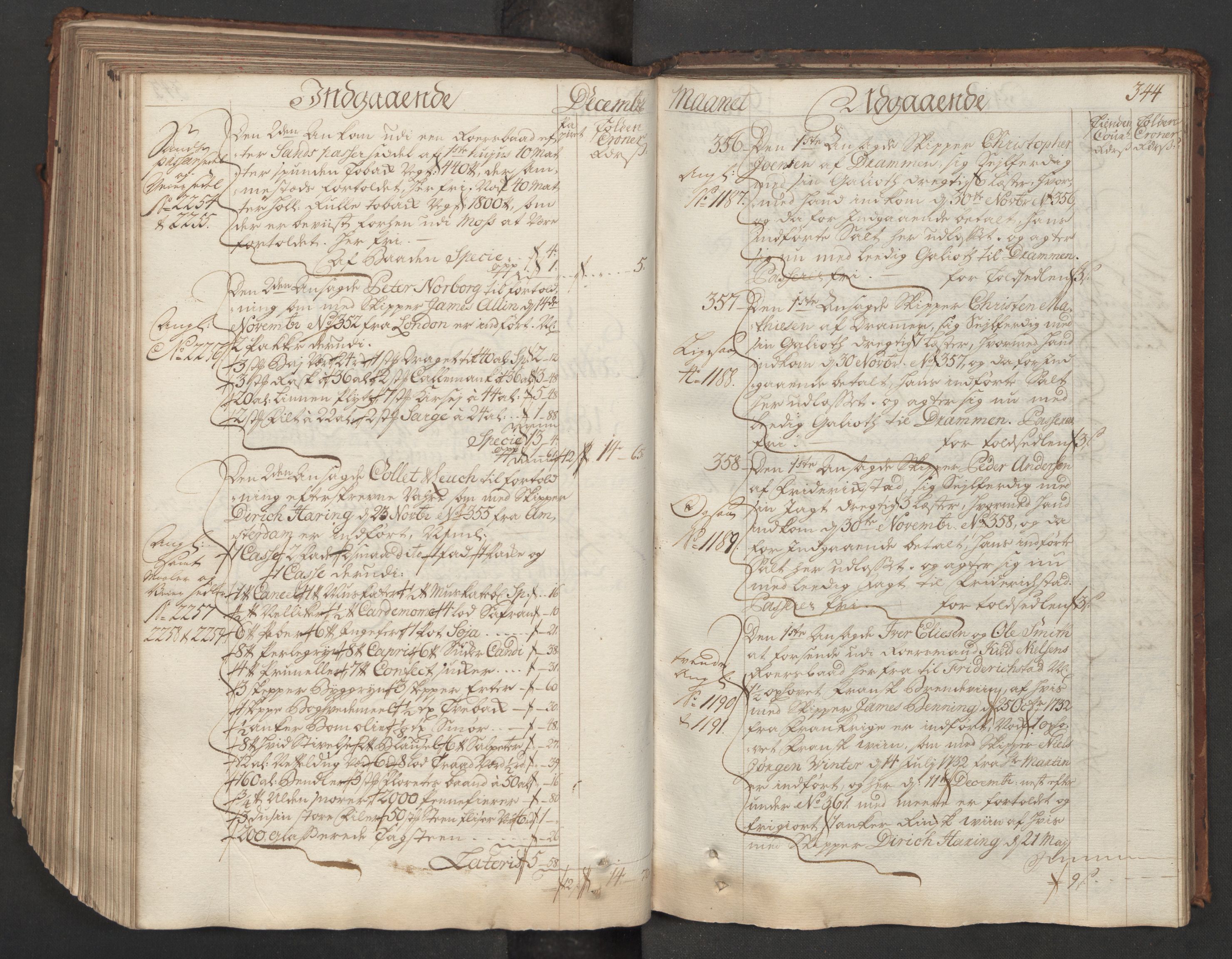 Generaltollkammeret, tollregnskaper, AV/RA-EA-5490/R06/L0015/0001: Tollregnskaper Kristiania / Hovedtollbok, 1733, p. 343b-344a