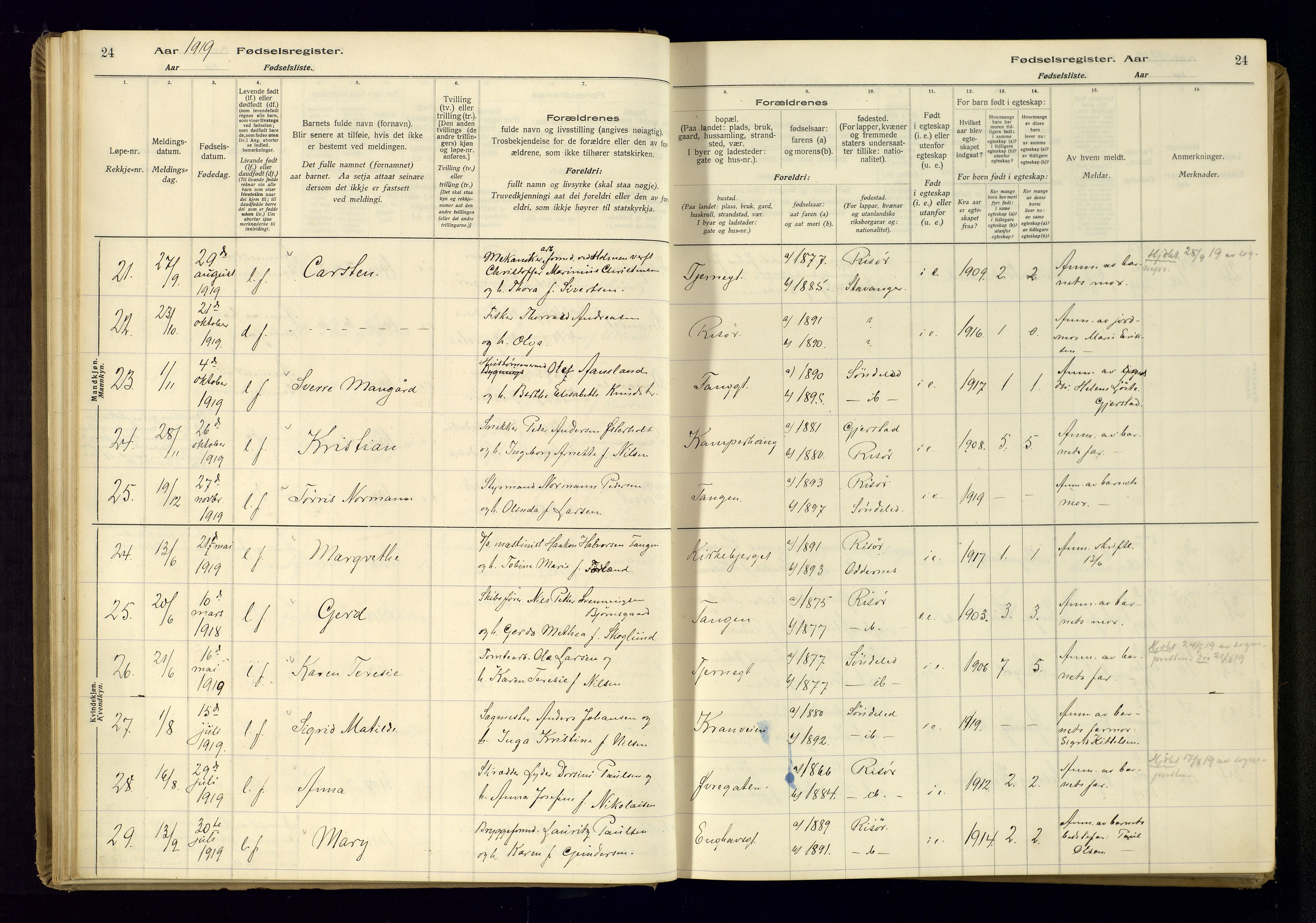 Risør sokneprestkontor, SAK/1111-0035/J/Ja/L0001: Birth register no. A-VI-13, 1916-1947, p. 24