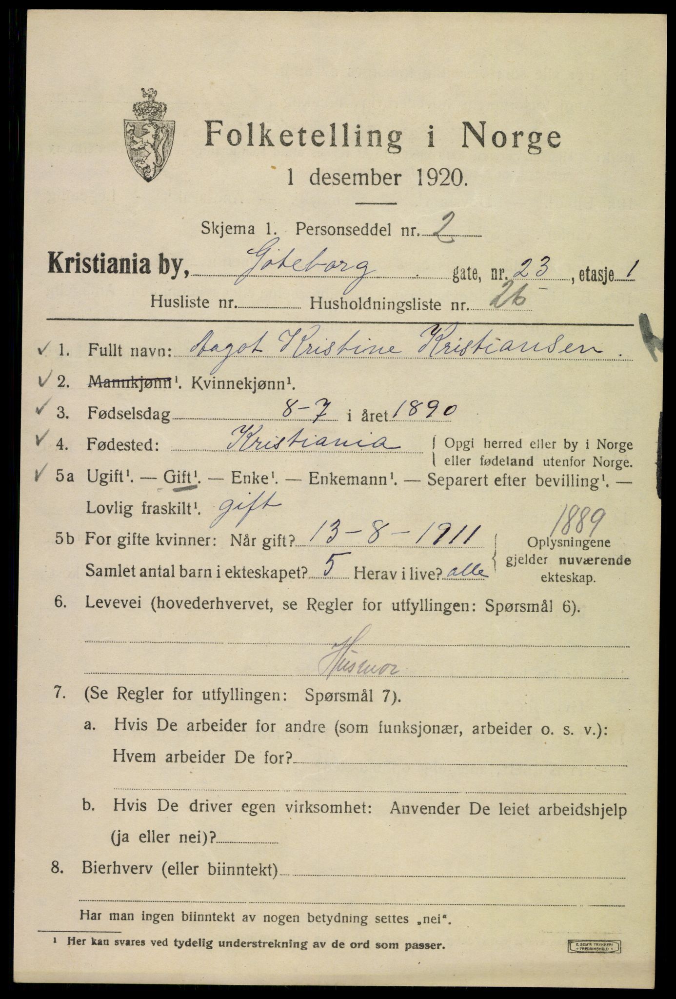 SAO, 1920 census for Kristiania, 1920, p. 263933