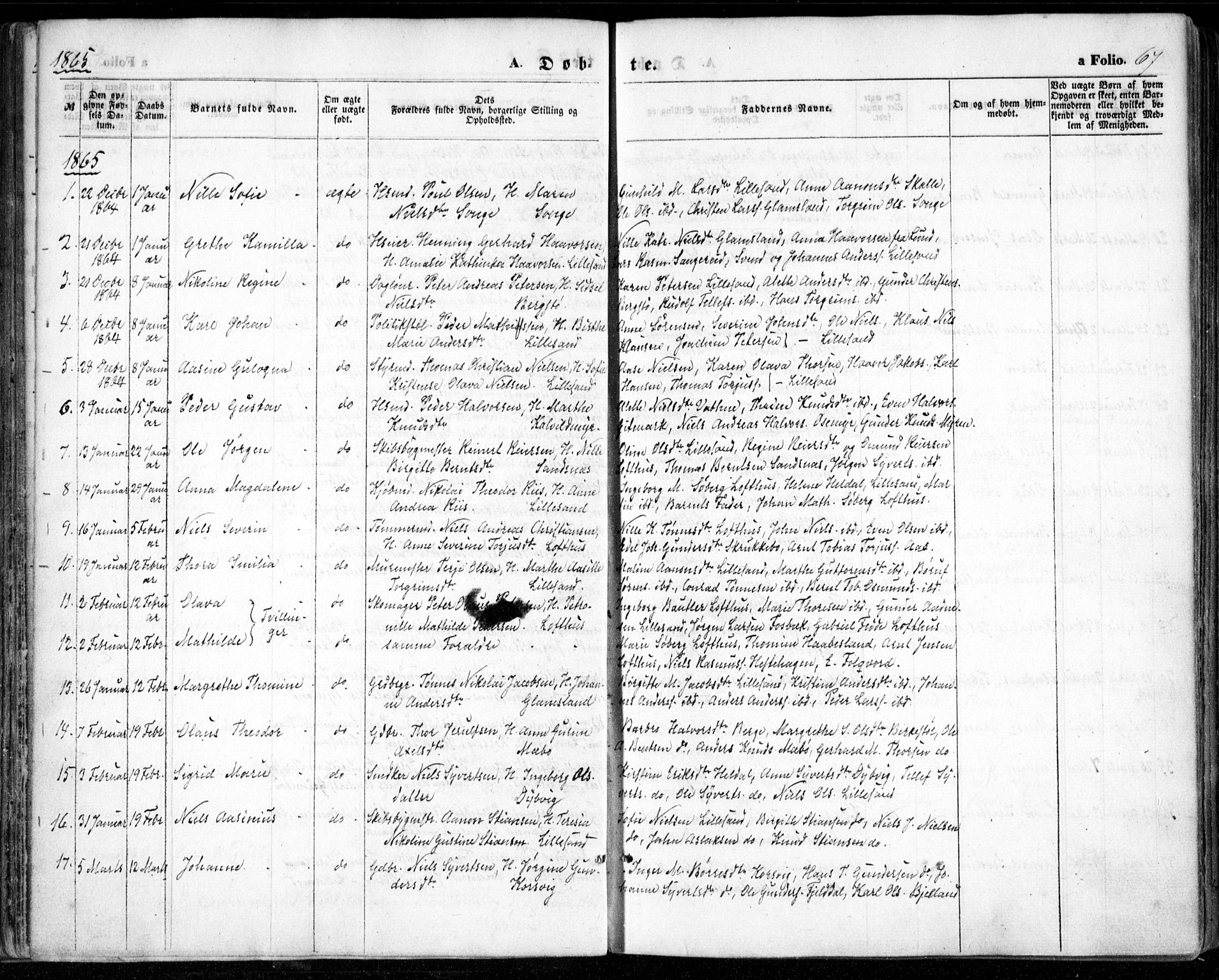 Vestre Moland sokneprestkontor, SAK/1111-0046/F/Fa/Fab/L0007: Parish register (official) no. A 7, 1859-1872, p. 67