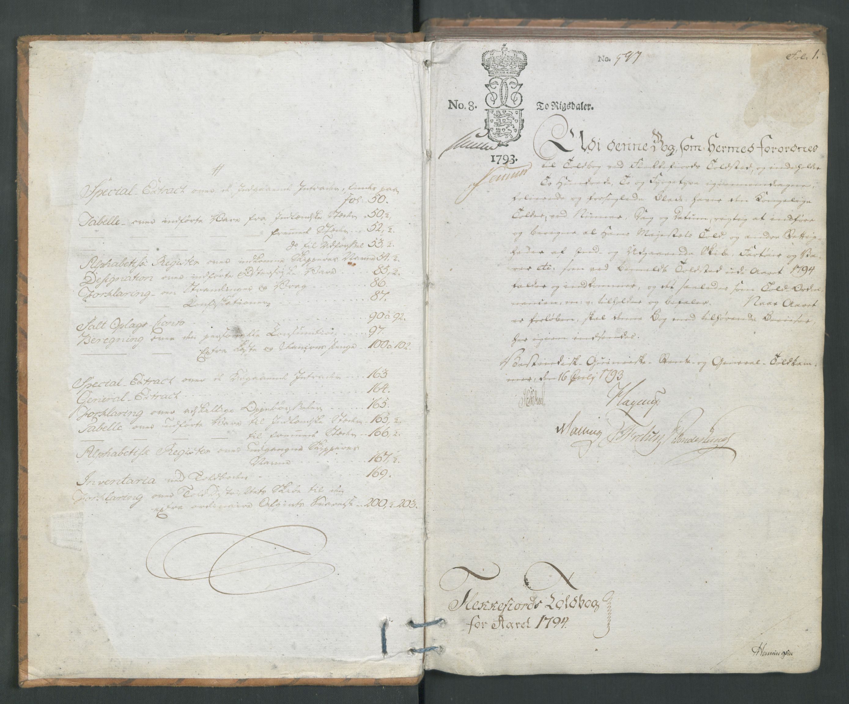 Generaltollkammeret, tollregnskaper, AV/RA-EA-5490/R19/L0054/0001: Tollregnskaper Flekkefjord / Tollbok, 1794, p. 1a