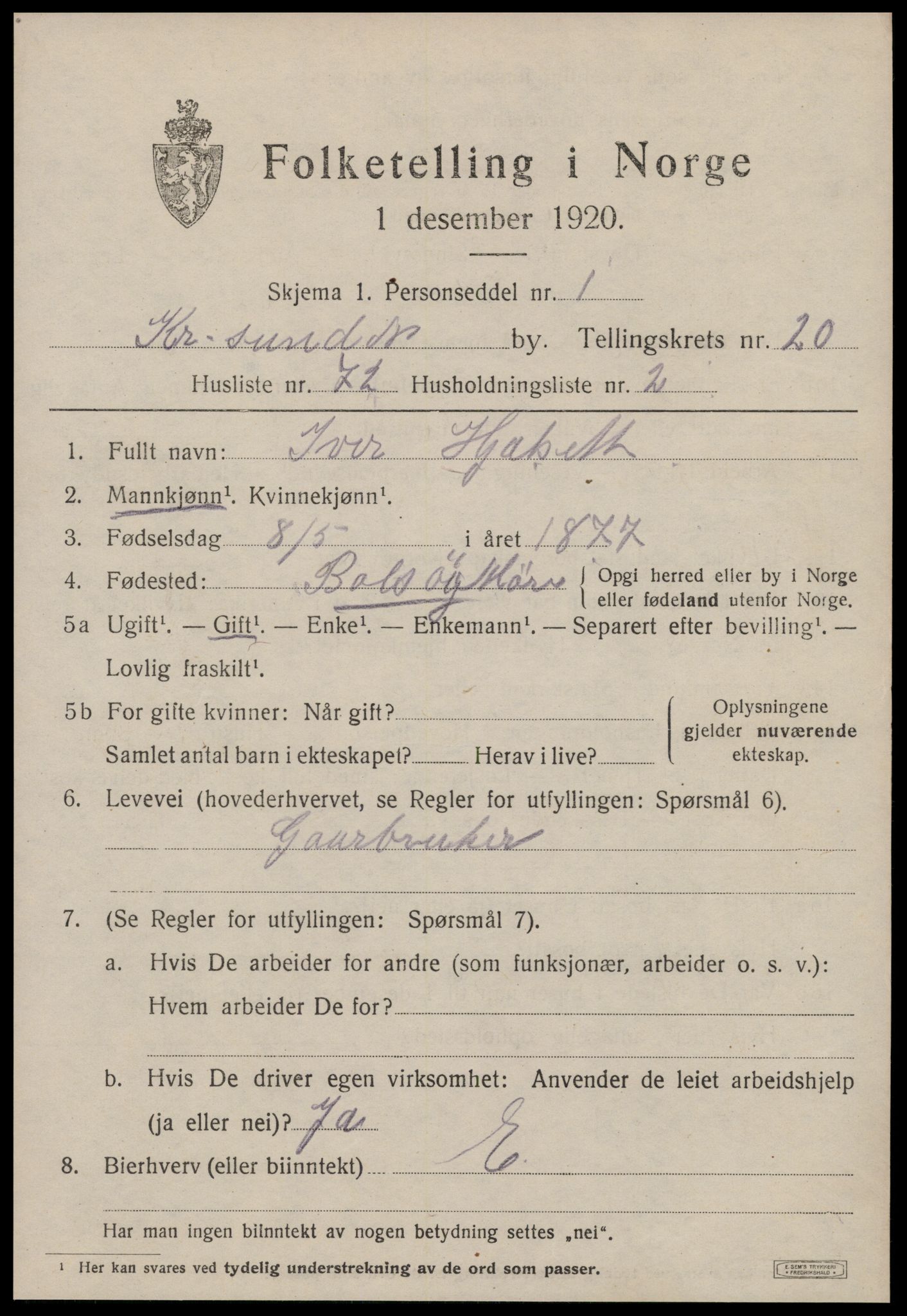 SAT, 1920 census for Kristiansund, 1920, p. 41425