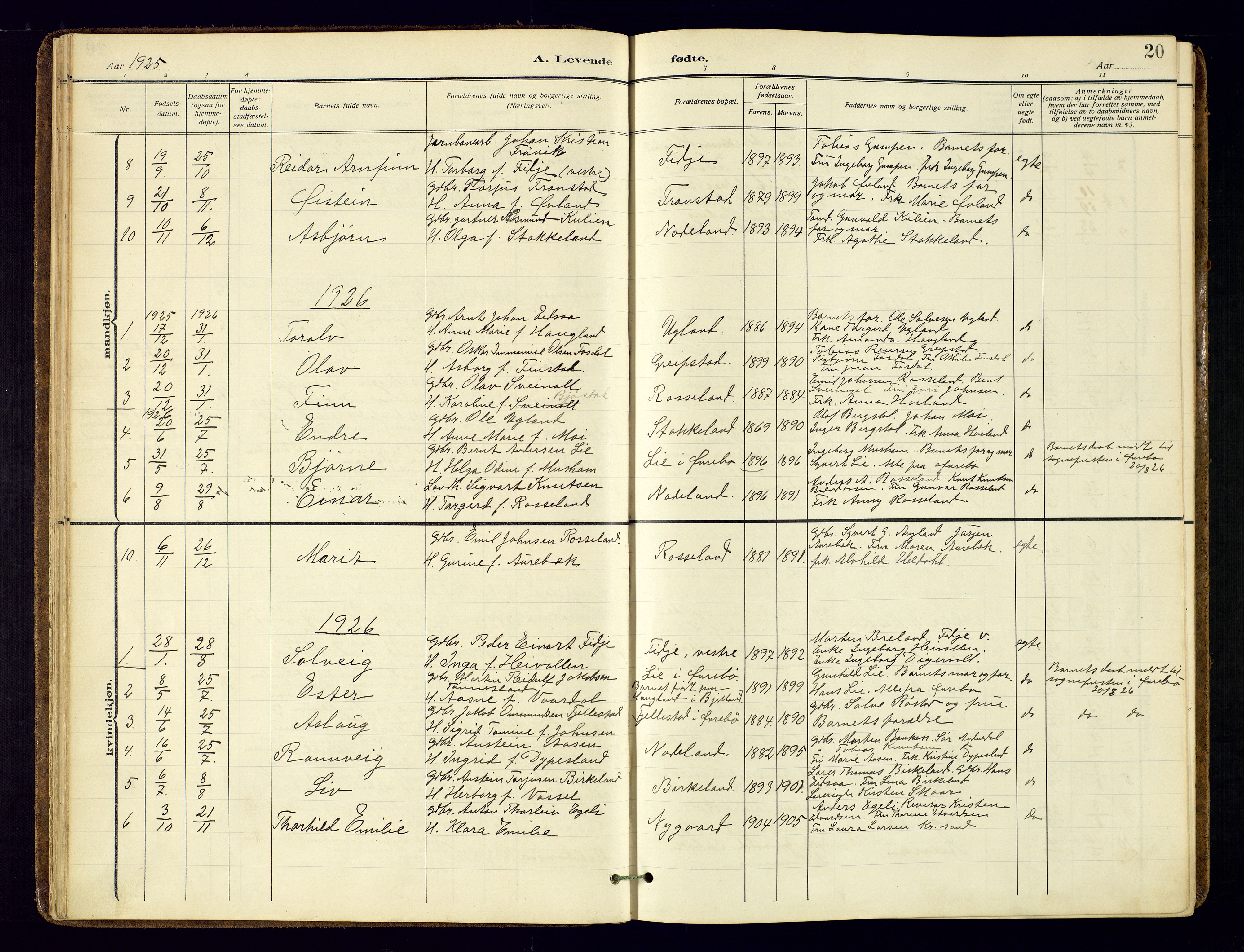 Søgne sokneprestkontor, AV/SAK-1111-0037/F/Fa/Faa/L0004: Parish register (official) no. A 4, 1911-1945, p. 20