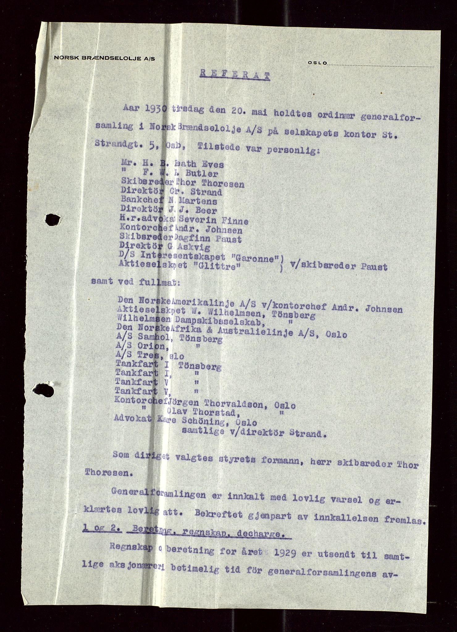 PA 1544 - Norsk Brændselolje A/S, AV/SAST-A-101965/1/A/Aa/L0001/0003: Generalforsamlinger. Beretning og regnskap.  / Generalforsamling 1929. 1930. 1931, 1929-1931, p. 25