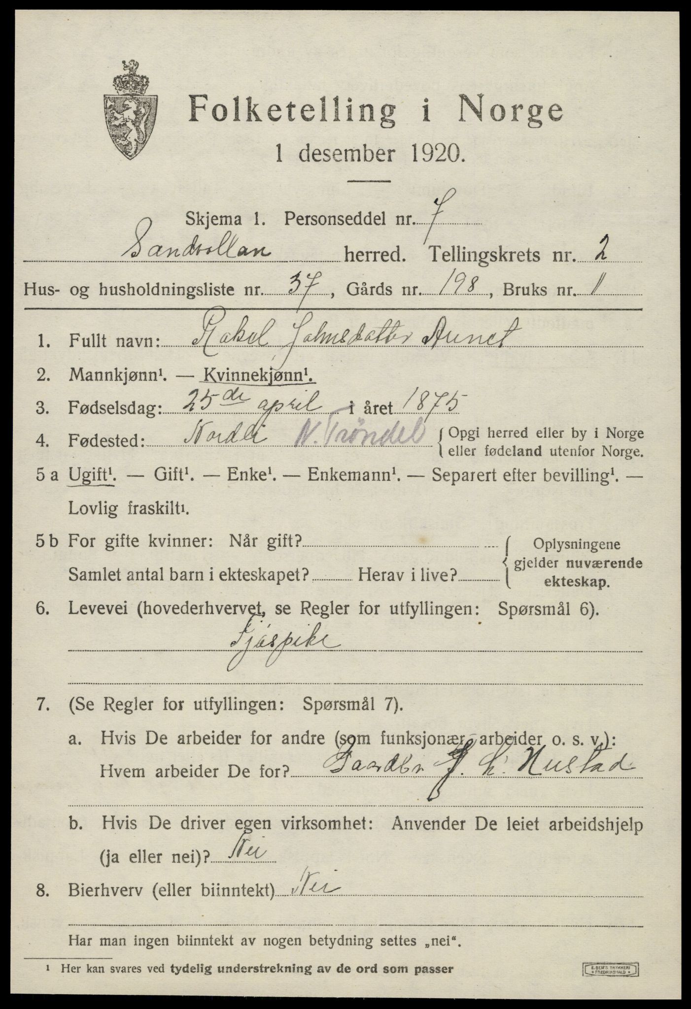 SAT, 1920 census for Sandvollan, 1920, p. 1099